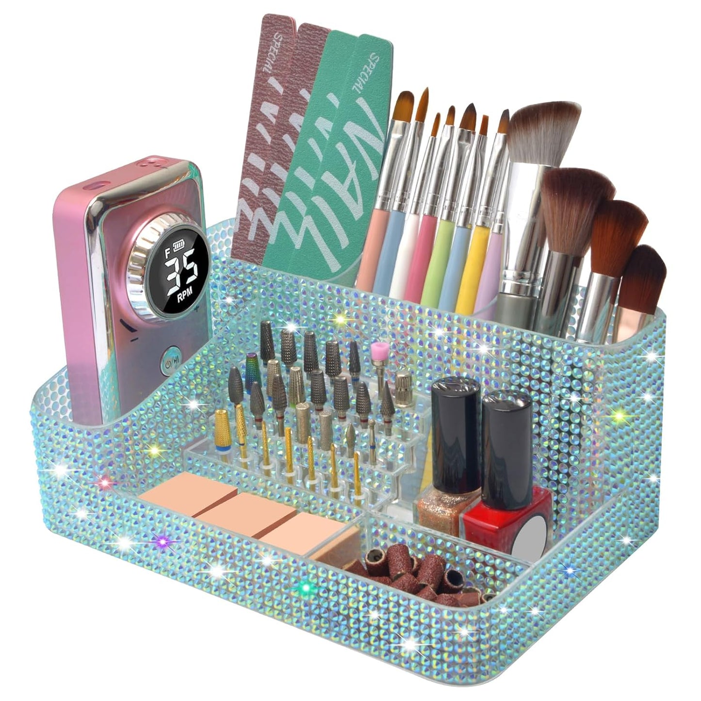 Nail Drill Holder - 28 Holes Bit Organizer for Nail Techs | Bling White Design