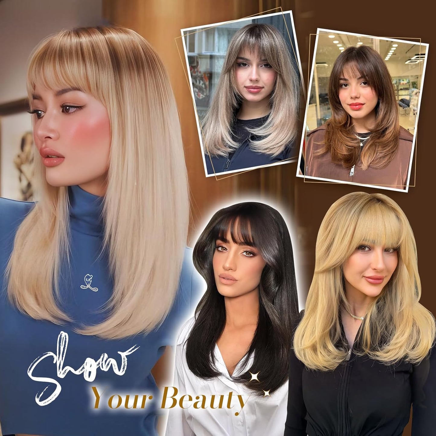 Long Wigs with Bangs - Synthetic Layered Straight Hair Wig for Women | 18 Inch Brown Mixed Grey Highlights