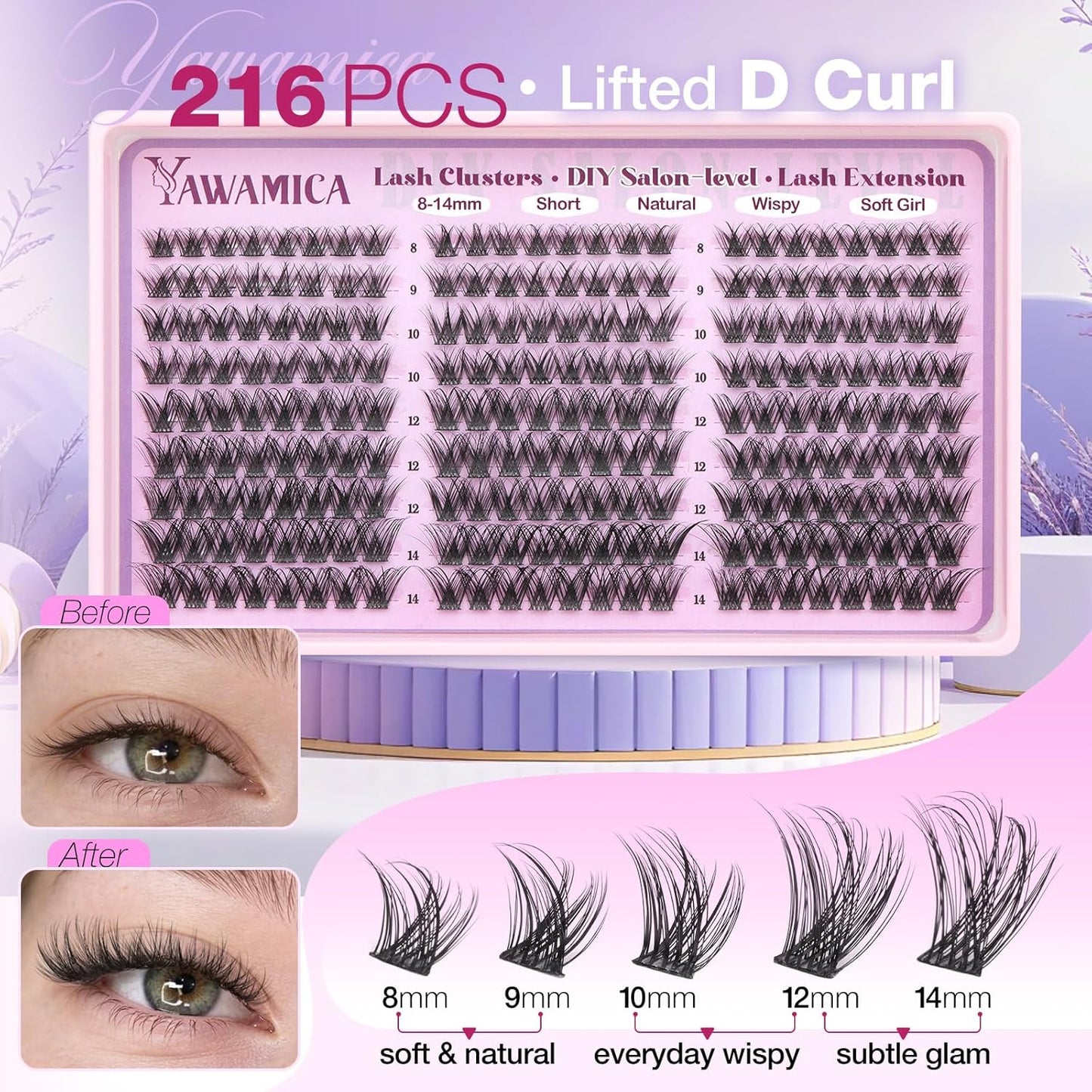 Eyelash Clusters - Wispy Fluffy D Curl Individual Lashes | 216 Pcs, 8-14mm Soft Volume Extensions for Easy DIY at Home