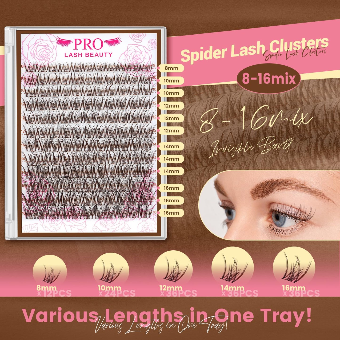 PRO LASHBEAUTY Brown Lash Clusters Spider Lash Extensions Wispy Eyelash Clusters Natural Lashes Clusters for Everyday Wear Beginner Friendly Dark Brown Cluster Eyelash Extensions(Breeze,8-16mix)
