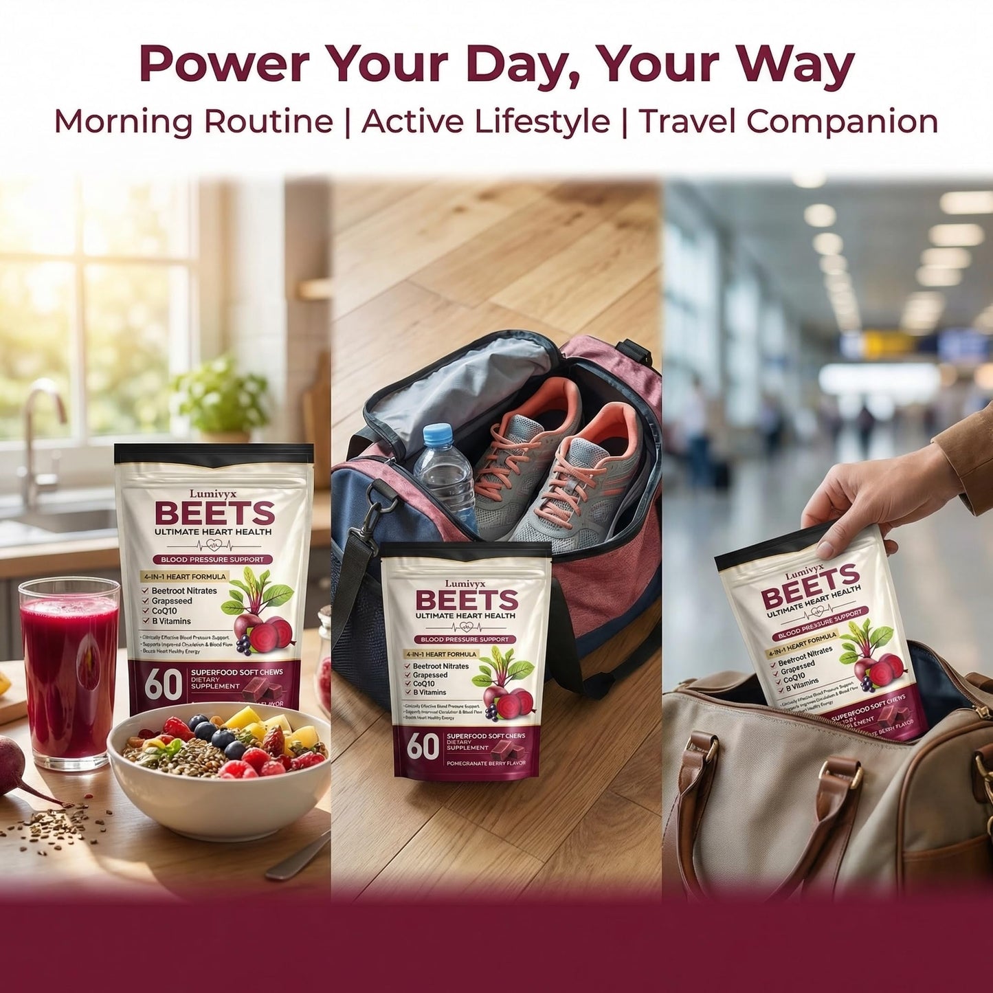 Jqewlg Lumivyx Beet Chews - Beetroot with Grape Seed Extract & CoQ10, Nitric Oxide Support Formula for Circulation & Daily Energy, Pomegranate Berry Flavor, Non-GMO, Gelatin-Free - 60 Chews