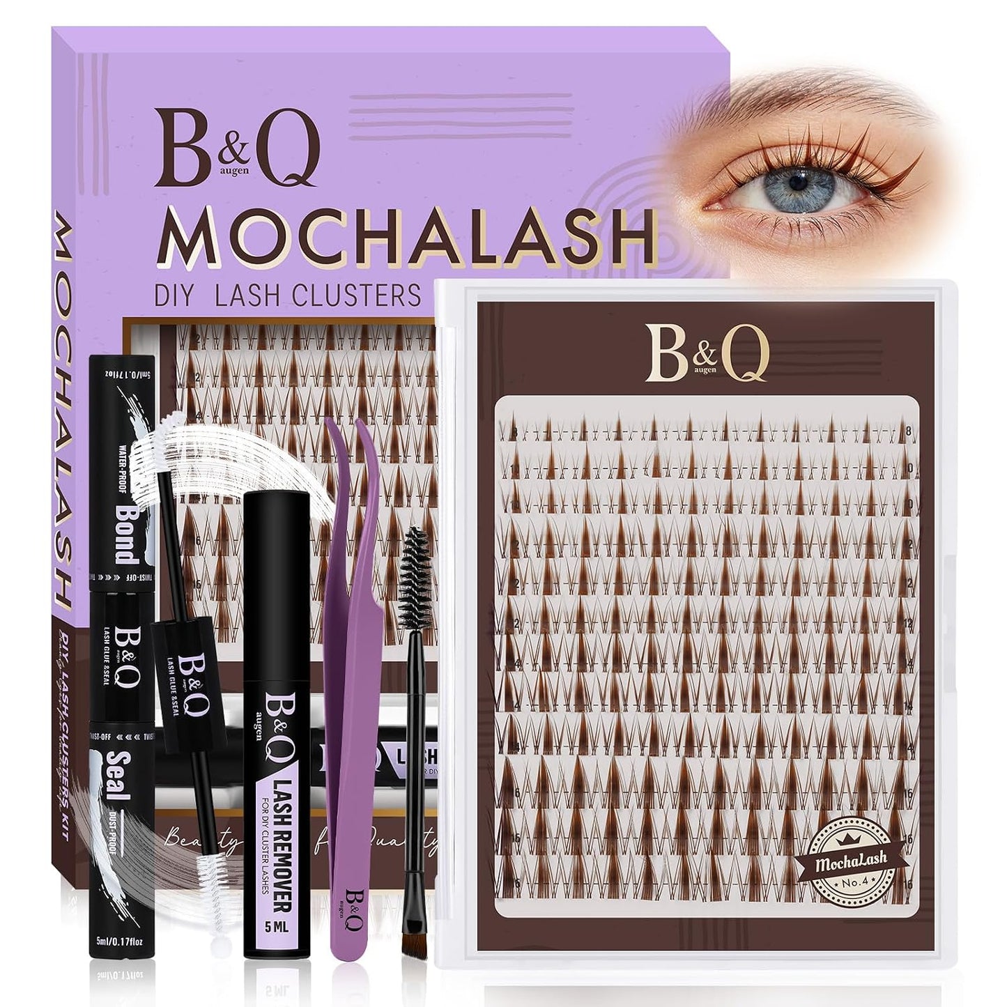 Eyelash Extension Kit - 10-18mm D Curl Lash Clusters with Bottom Lashes | DIY Bond & Seal Applicator