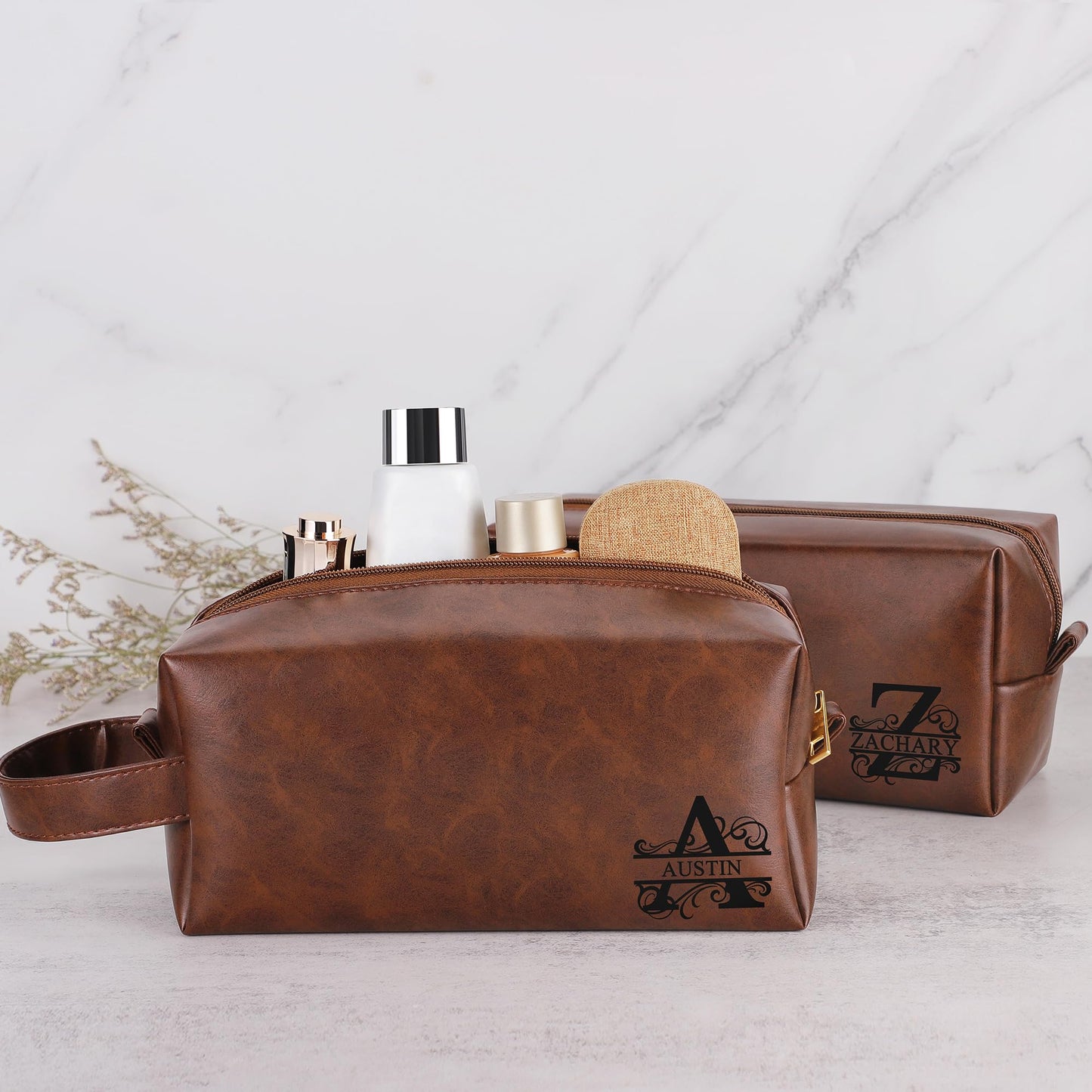 Mens Toiletry Travel Bag Initial J, Personalized Leather Toiletry Bag for Men, Anniversary Christmas Valentines Fathers Day Birthday Gifts for Husband Dad Grandpa Brother