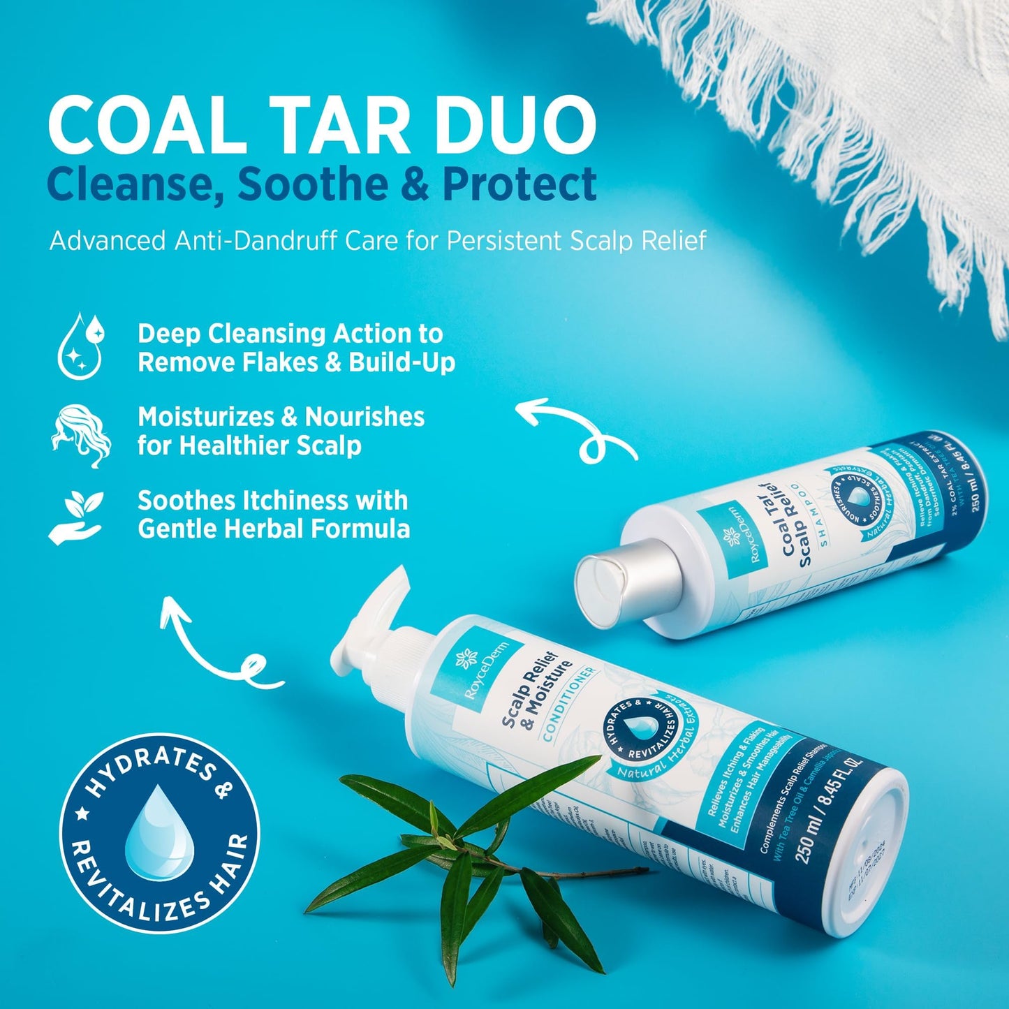 Roycederm Coal Tar Antidandruff Shampoo & Conditioner Set: 2% Coal Tar Extract Scalp Relief Shampoo for Psoriasis, Dandruff & Seborrheic Dermatitis - Soothes Itchy Scalp, Hydrates Hair