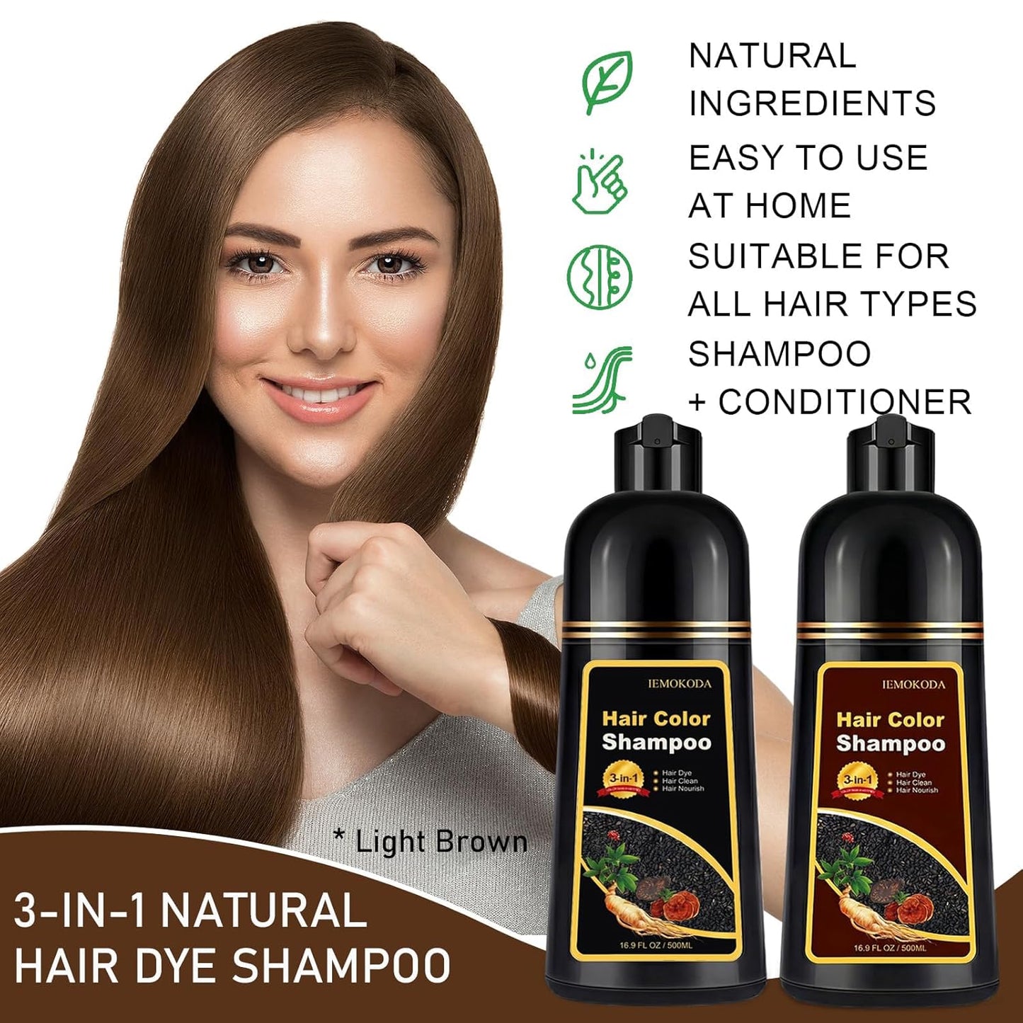 Light Brown Hair Dye Shampoo - 3-in-1 Color Treatment for Gray Coverage | Fast-Acting Natural Brown Hair Color
