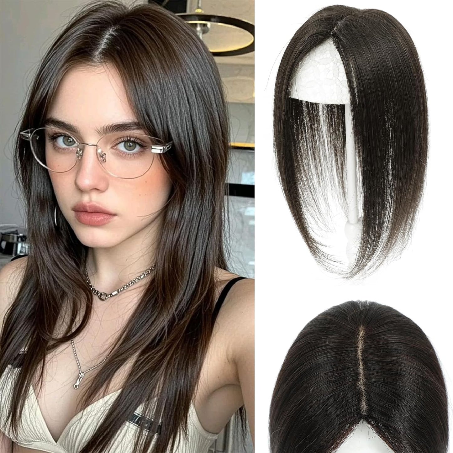 Hair Toppers for Women - Real Human Hair 360° 3D Hairpieces with Wispy Clip-In Bangs | Natural Scalp Line (Black)