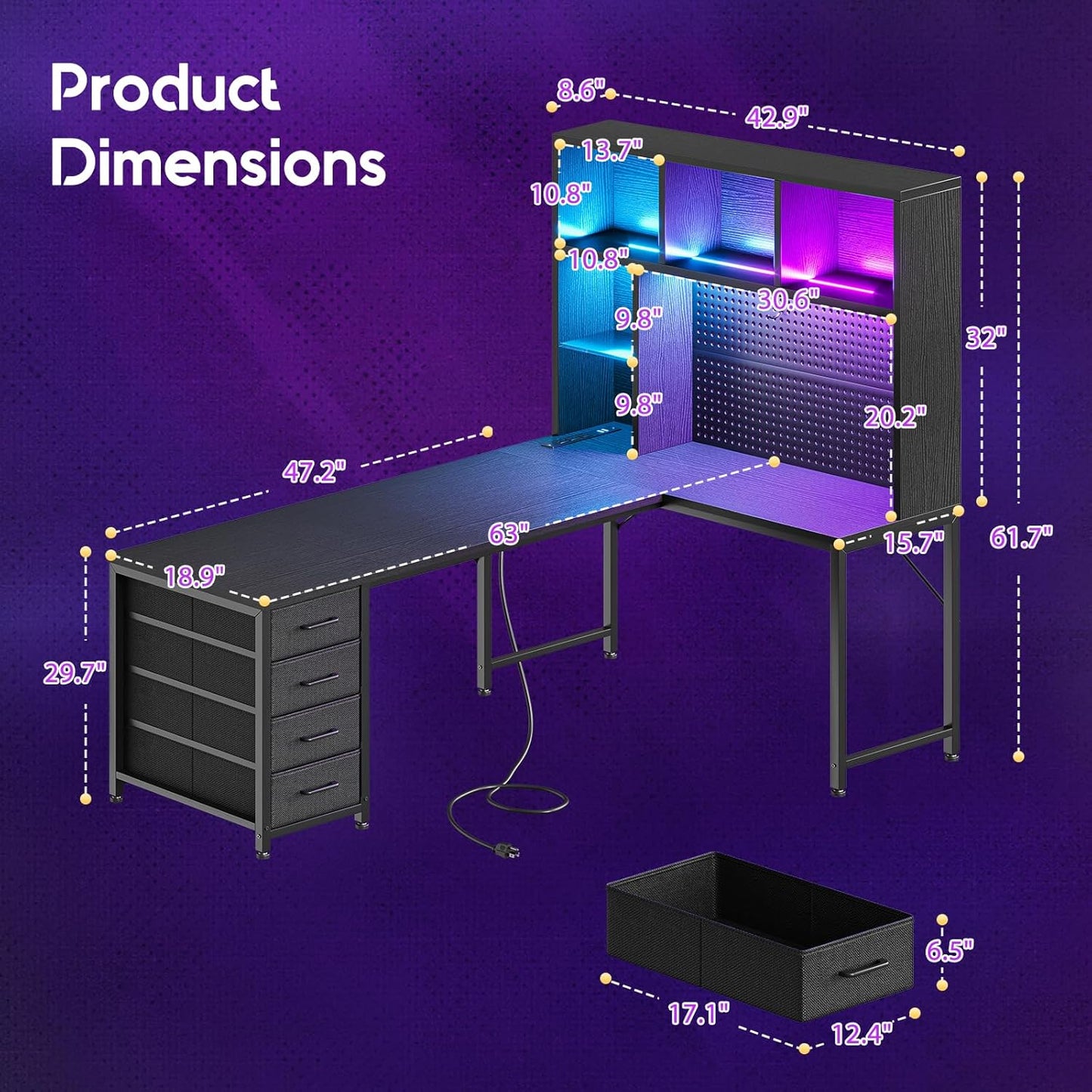 L Shaped Gaming Desk with Hutch - 63" PC Desk with LED Light & Power Outlets | Black