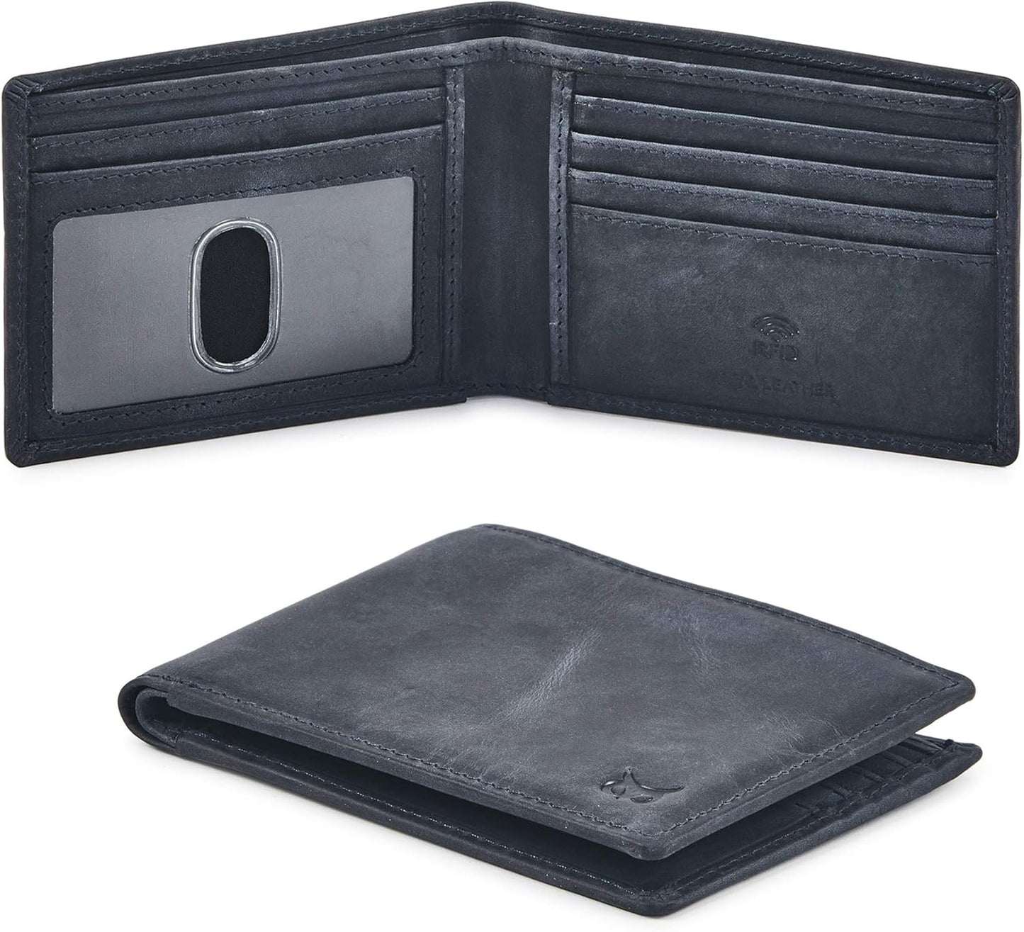 Real Leather Mens Bifold Wallet | RFID Blocking Slim Minimalist Design - Thin & Stylish with ID Window in Gift Box (Crazy Horse, Coffee)
