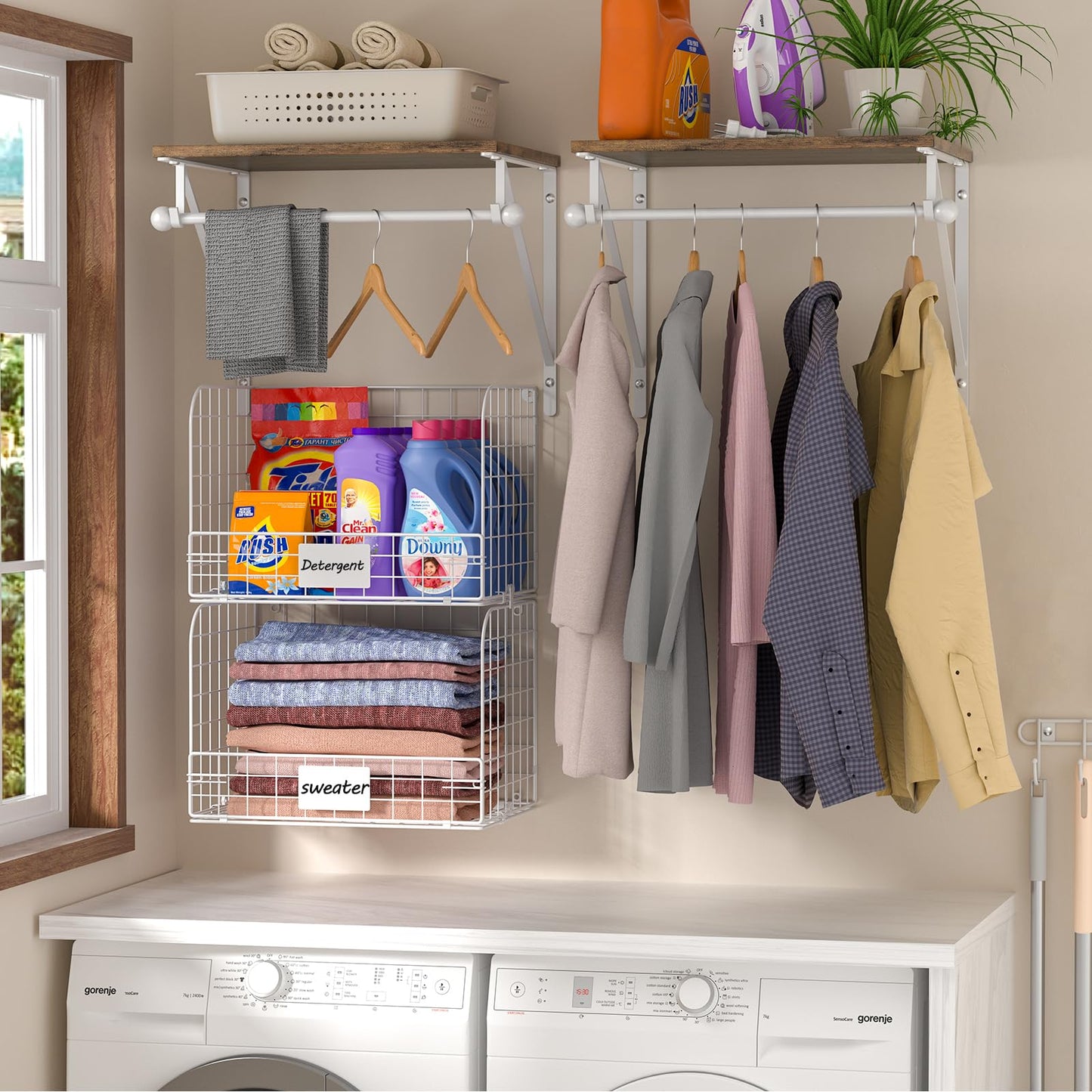 DAOUTIME 2 Set Laundry Room Wall Mounted Shelves With Wire Storage Baskets, Over Washer and Dryer With Hanging Rods and Hooks, for Organization and Storage, White, Wooden