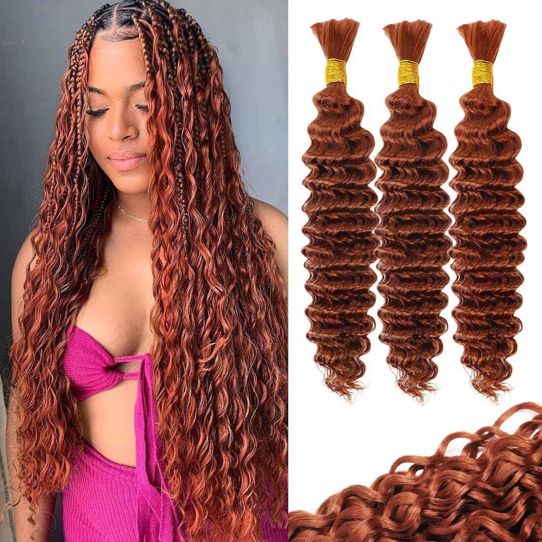 Human Braiding Hair - Deep Water Wave 16 Inch Curly Extensions | 5 Bundles P4/27 for Boho Braids