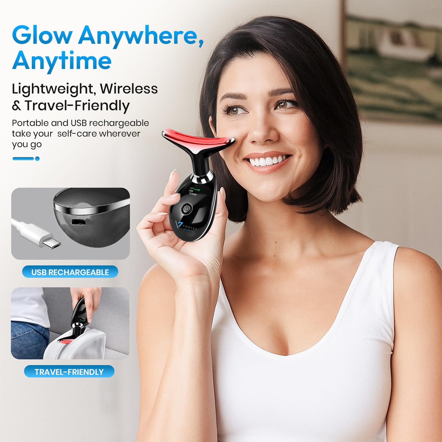7-in-1 LED Face & Neck Massager – Skin Firming, Anti-Aging, Vibration & Heat Facial Tool for Home Use – Red & Blue Light Therapy – Model ES-1081