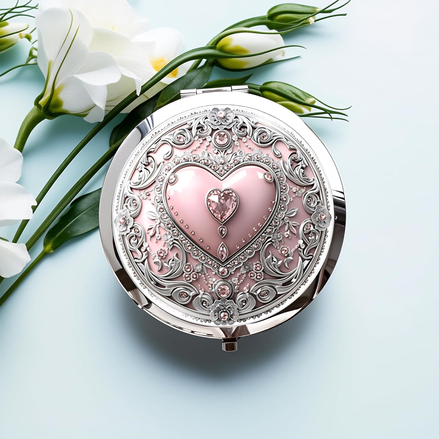 Silver Compact Mirror - Double-Sided Folding Makeup Mirror with Pink Heart Design | 2.8x2.8 Inch Ideal Gift for Women