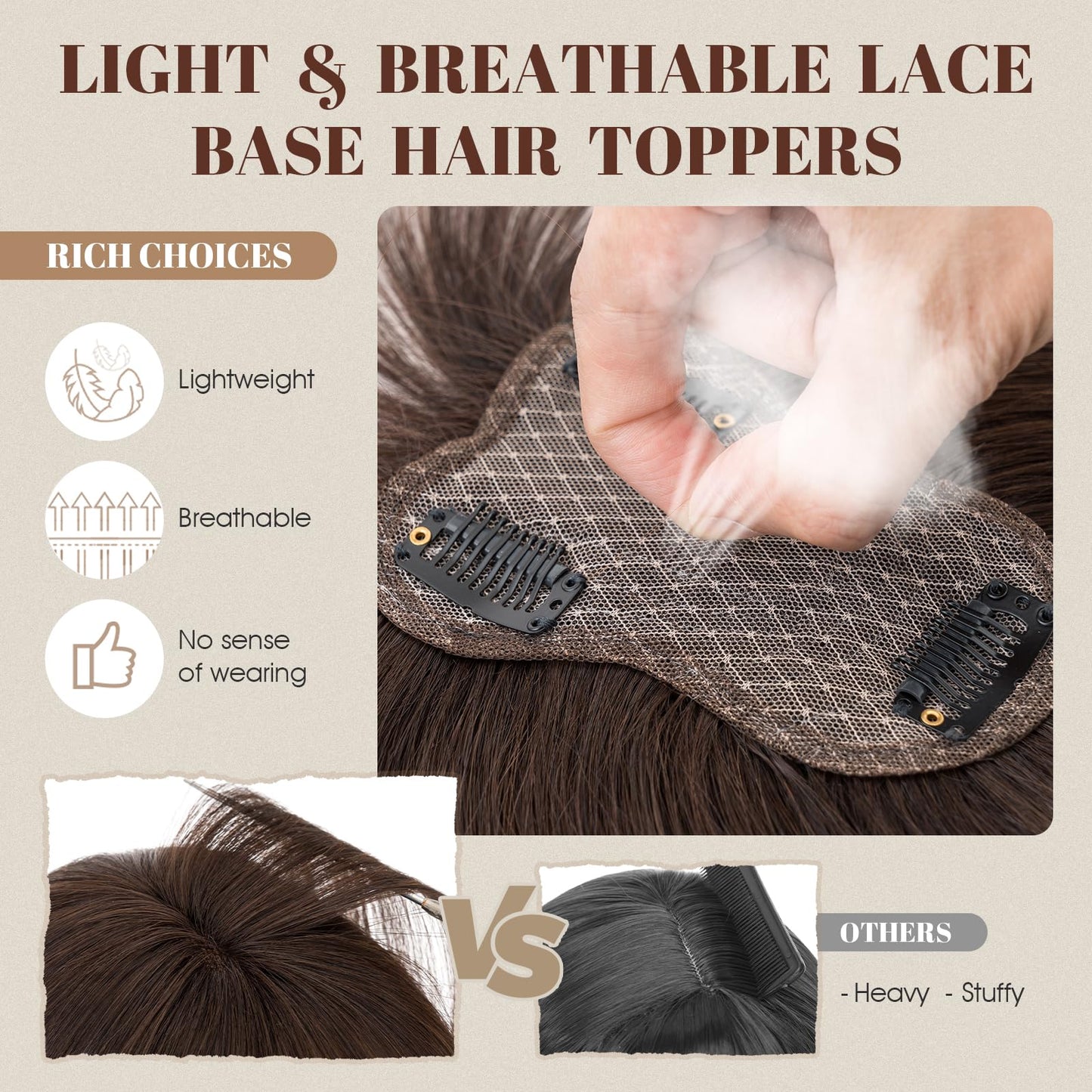 Rich Choices Hair Toppers Real Human Hair for Women 100% Human Remy Toppers With 3D Bang Hair Toppers For Thinning Hair Wispy Air Bang Hairpieces 10 Inch #06 Light Brown