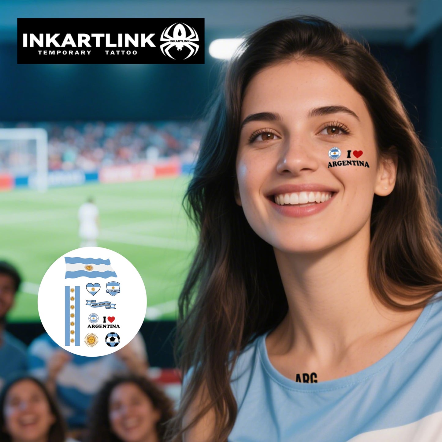 INKARTLINK 3 Sheets Flag Temporary Tattoos for National Celebrations & Sports Events, Country Flag Face Tattoos for World Cup, Independence Day & Party Decor (Argentina)