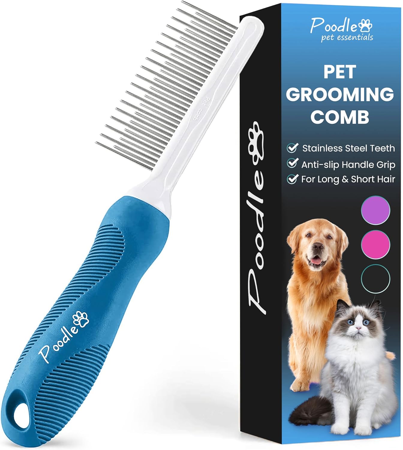 Poodle Dematting Fur Rake Comb - 2.5" Steel Blades for Dogs & Cats | Detangle Matted Undercoat Hair