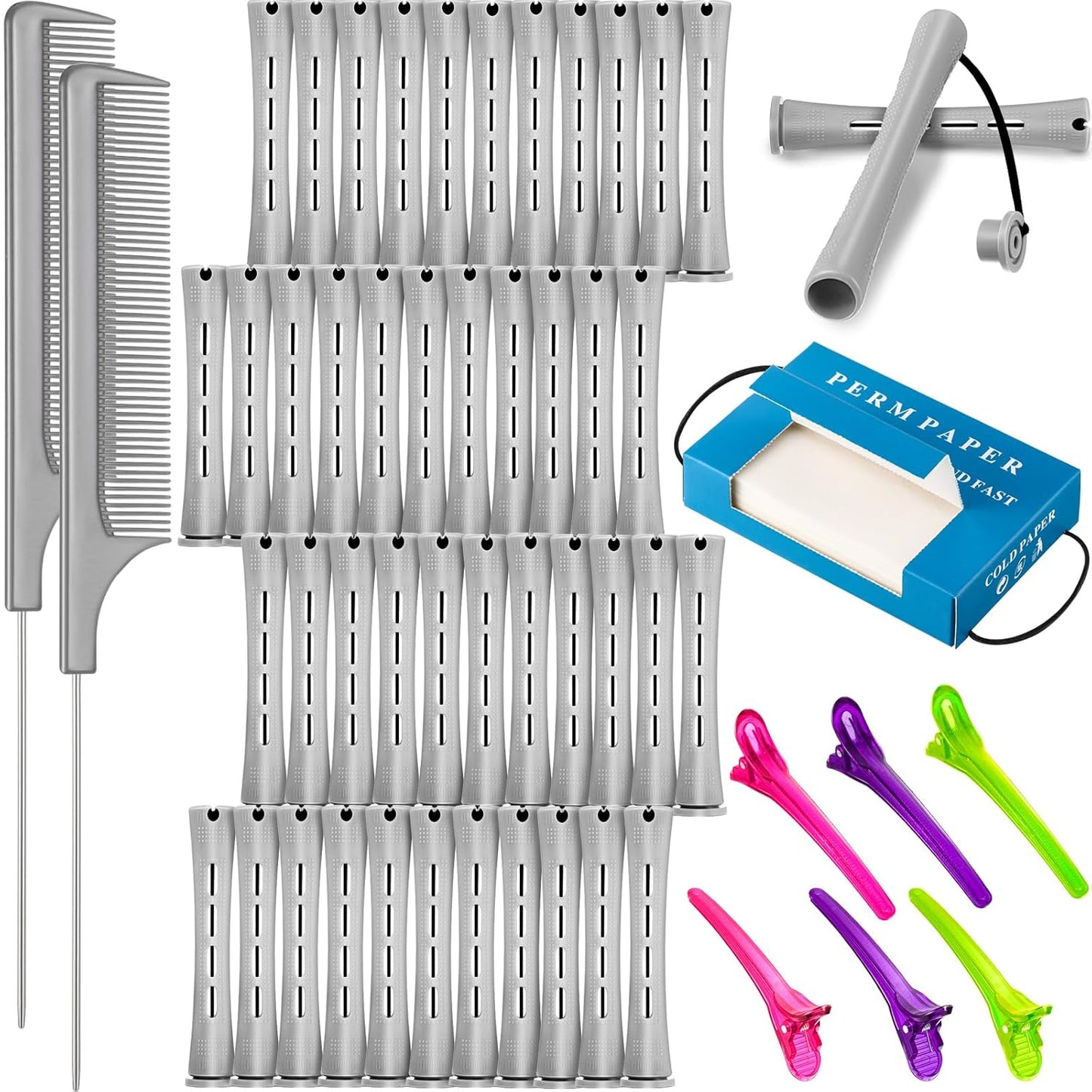 Hair Styling Kit - 48 Plastic Perm Rods, 2 Steel Pintail Combs, 350 Perm Papers, 6 Duck Bill Clips | Gray