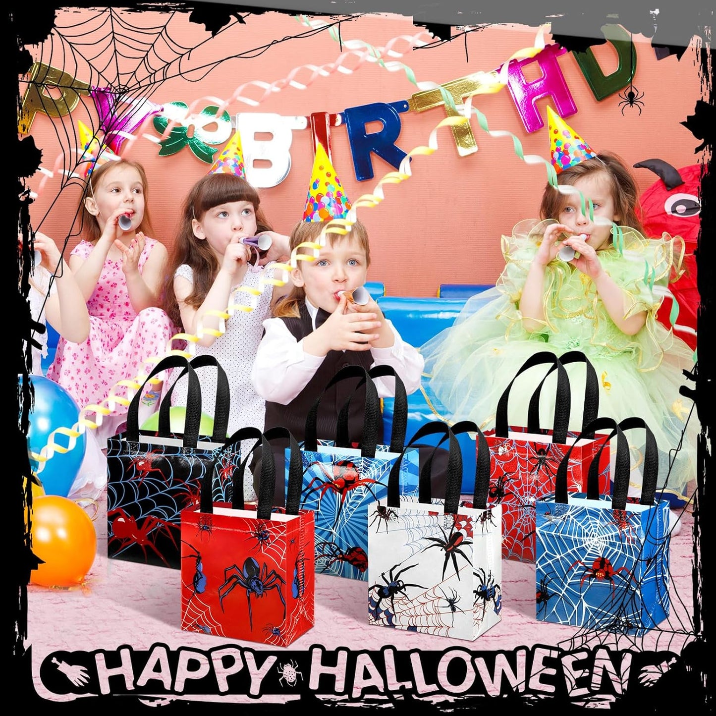 Spider Party Favor Goodie Bags - 40 Pcs Reusable Non-Woven Bags for Halloween & Birthday | 7.87 x 7.87 x 3.54 Inches