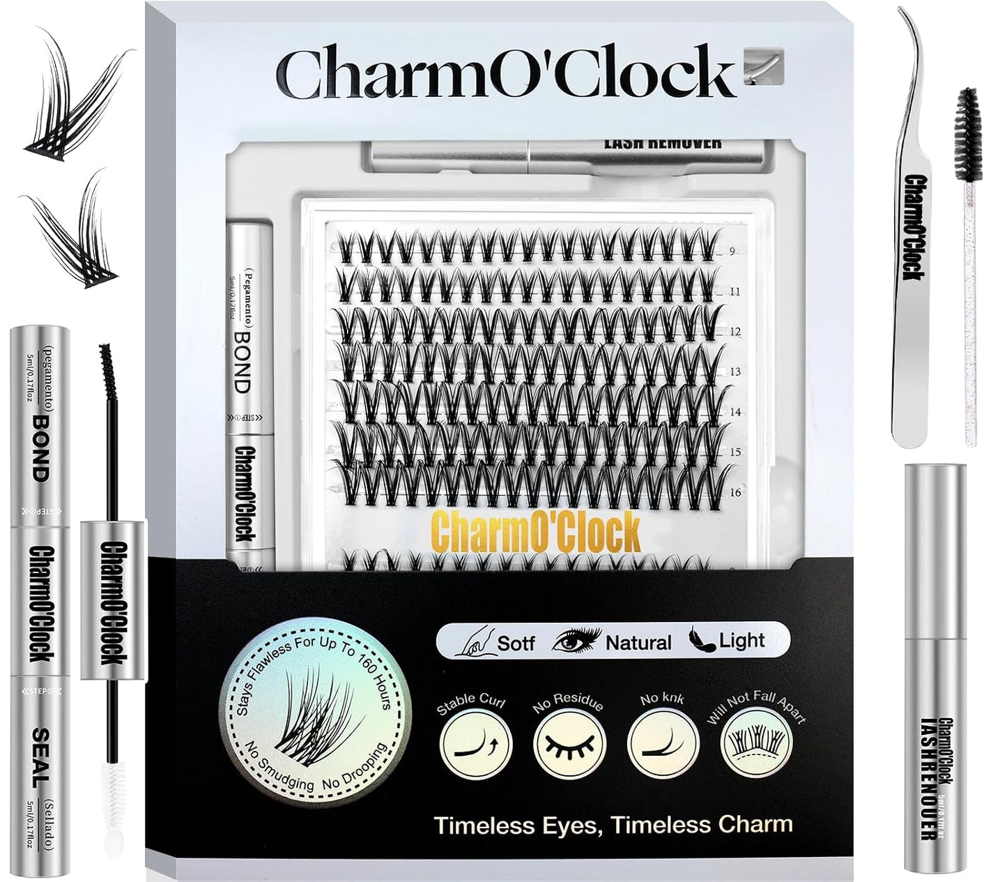 Lash Clusters Kit - 266 Pcs D Curl Wispy Eyelash Extensions with Bond, Seal, Tweezers & Remover | 9-16mm Mix