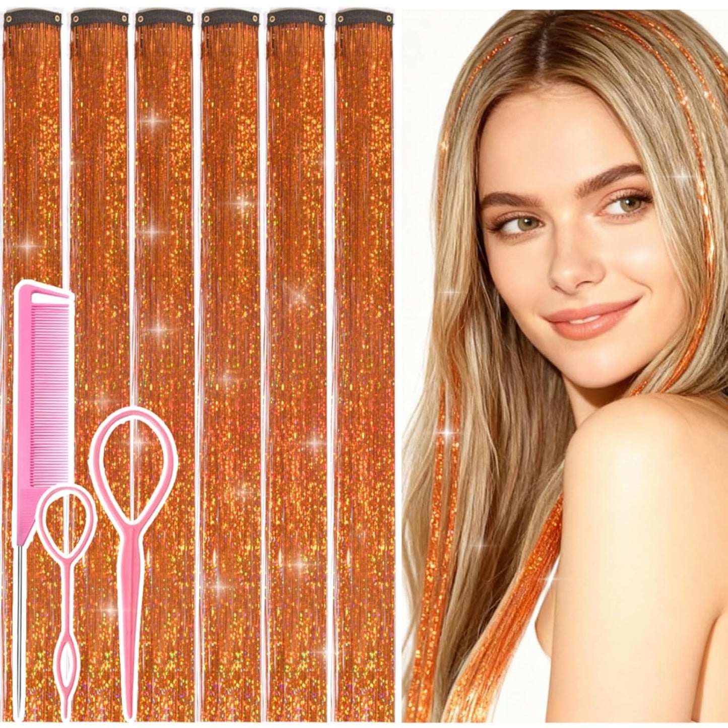 Hair Tinsel Kit - 12 Pcs 24 Inch Gold Glitter Clip-In Hair Extensions for Girls & Women | Perfect for Christmas & New Year Parties