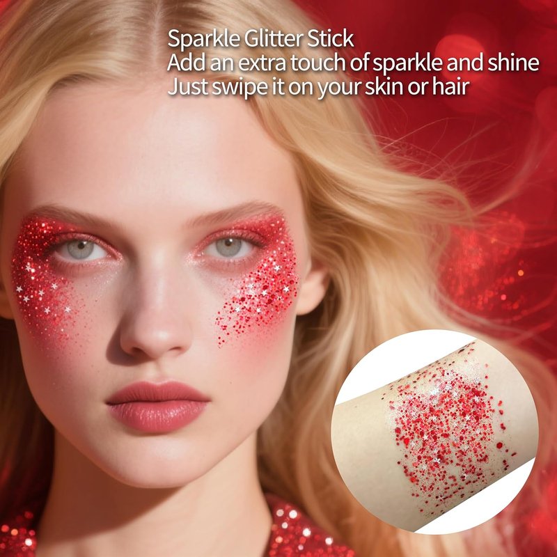 USA Flag Red Hair Glitter Stick - Waterproof Face & Body Glitter Makeup for Fourth of July | Patriotic Rave Accessories