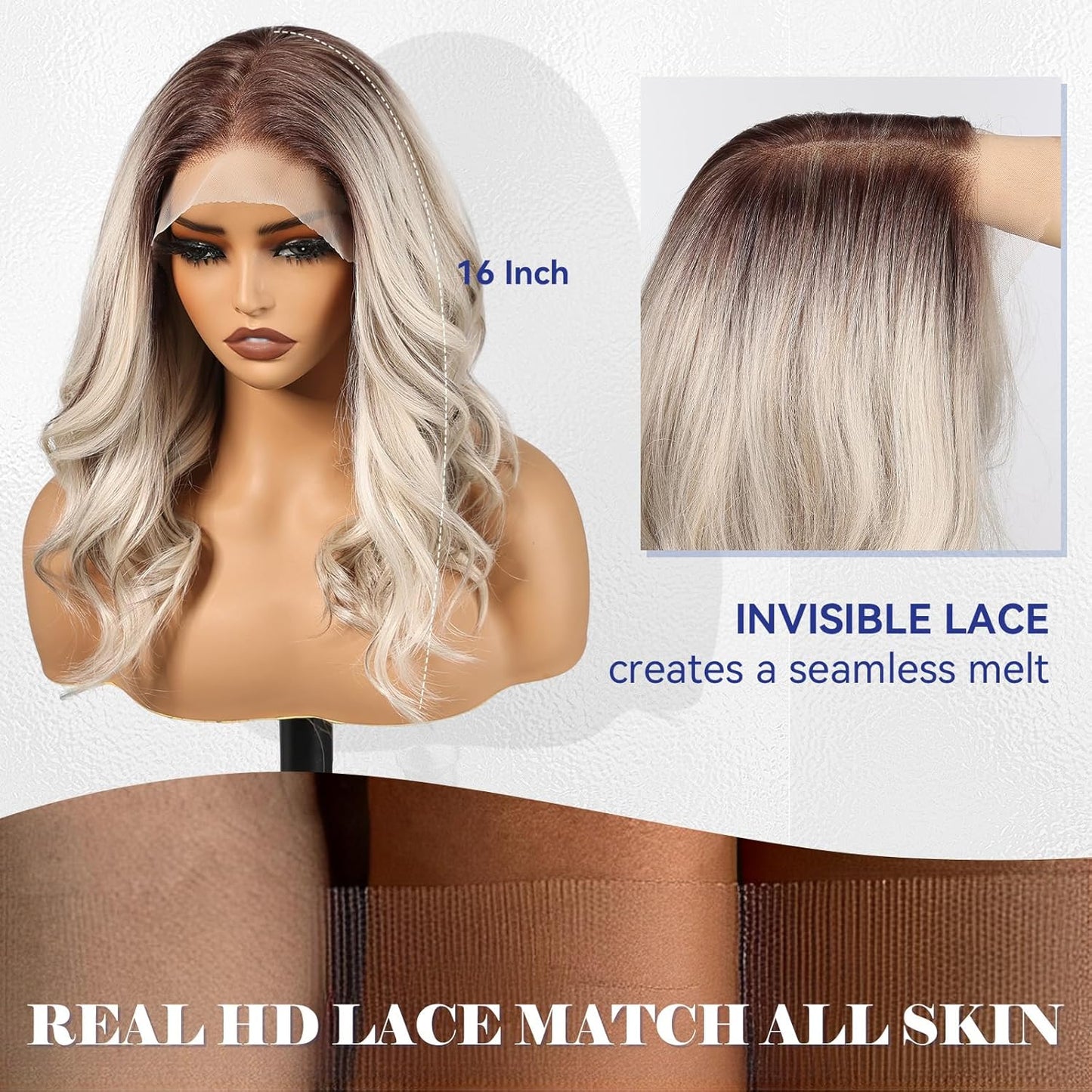 HAIRCUBE 13x6 HD Synthetic Lace Front Wig - 16 Inch Ombre Ash Blonde Curly Hair with Adjustable Cap & Natural Density Hairline
