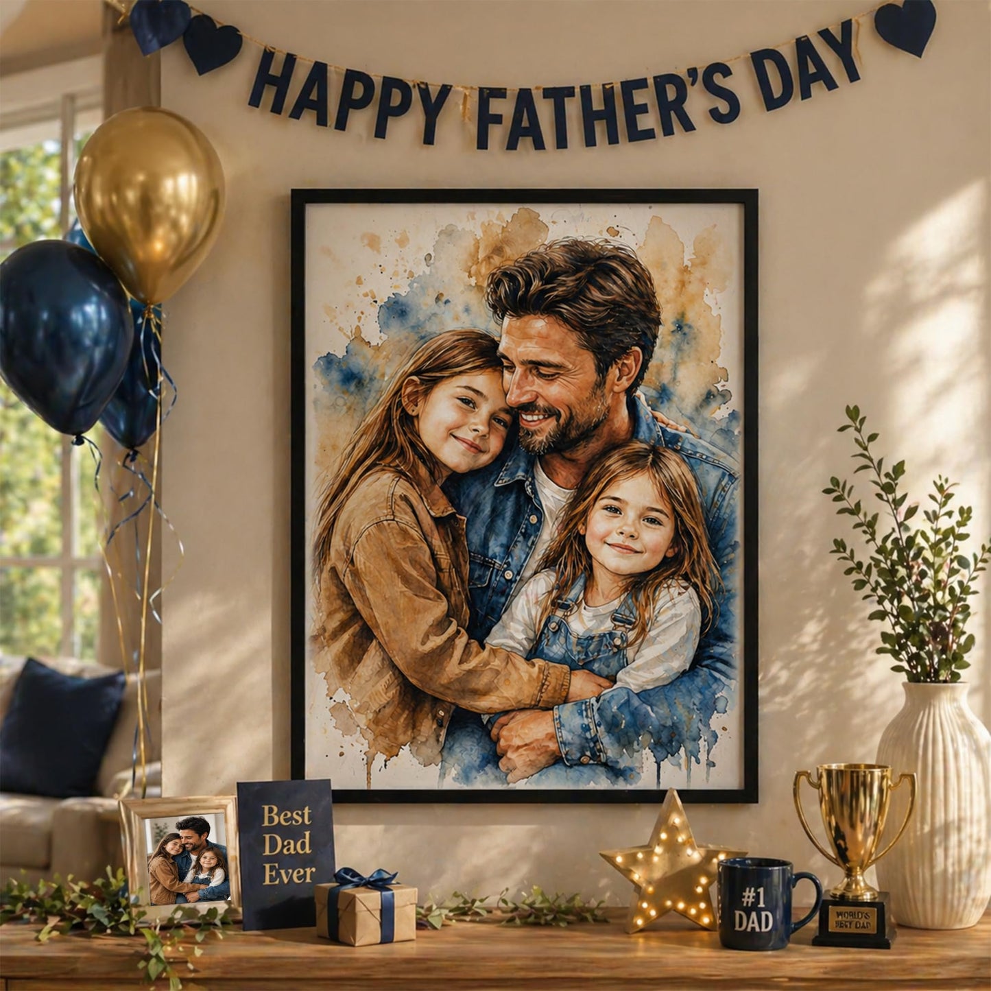 Noni Personalized Family Portrait Wall Art, Custom Watercolor Portrait From Photo, Personalized Family Art, Father's Day, Birhtday Gifts, Custom Dad - Grandpa Photo Gifts, Canvas For Daddy, Papa 1