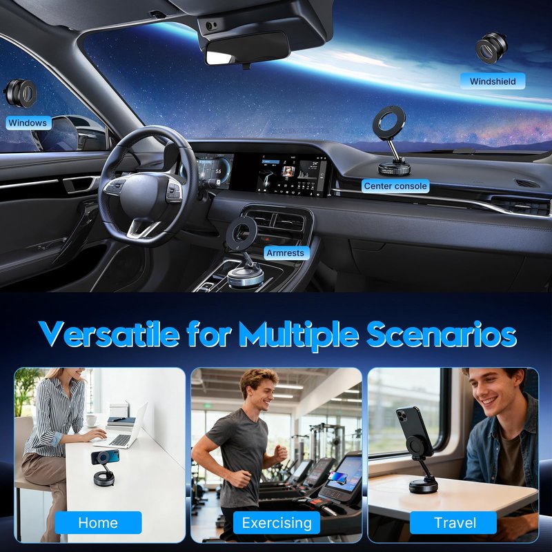 ELESULTRA Magnetic Phone Holder for Car - Suction Cup Phone Mount for Magsafe, Universal 360° Dashboard Phone Holder Vacuum Cell Phone Holders for Your Car/Gym/Mirror Car Mount for iPhone & Android