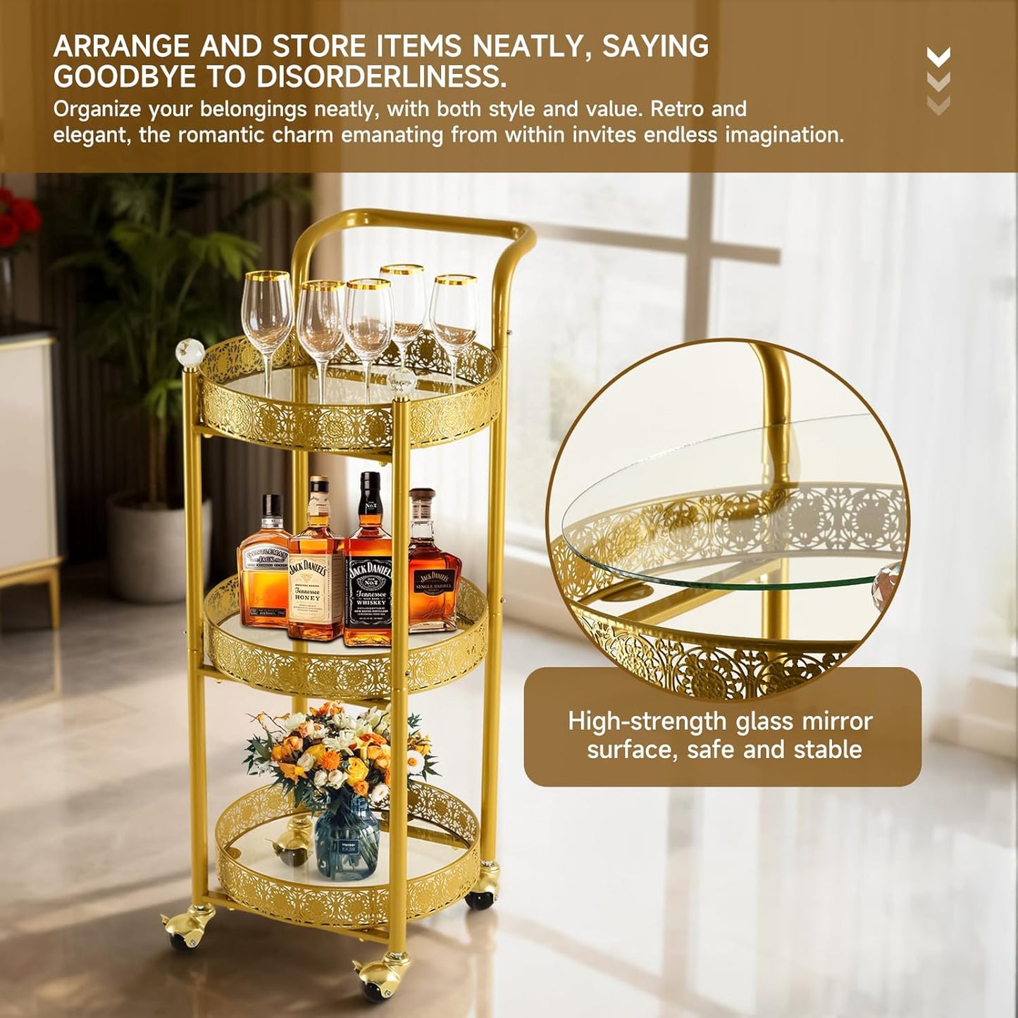 Multi-Functional Mobile Trolley Bar Cart - Rolling Design with Lockable Casters & 3 Mirror Holders | Gold Finish