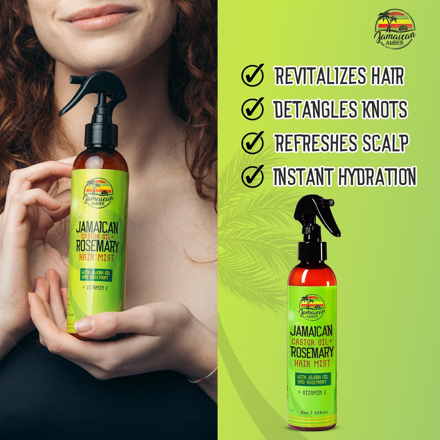 JAMAICAN Ambre Leave in Hair Mist - 8 fl oz / 236 ml - Strengthening Hair Spray, Detangles Knots, Refreshes Scalp, Instant Hydration, Hair Strength - Nourished Hair Scalp with Rosemary & Castor Oil