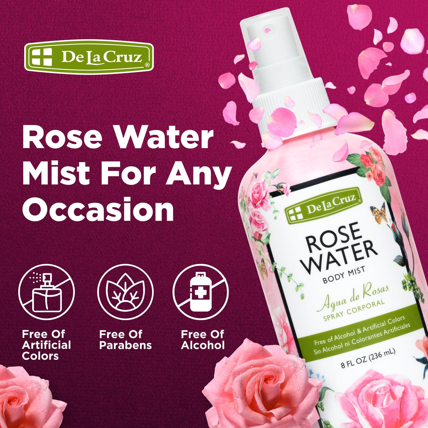 De La Cruz Pure Rose Water Body Mist,Rosewater Spray for Face, Skin & Hair, Rose Toner & Rose Water for Hair Alcohol Free, Paraben Free 8 fl oz (6 Bottles)
