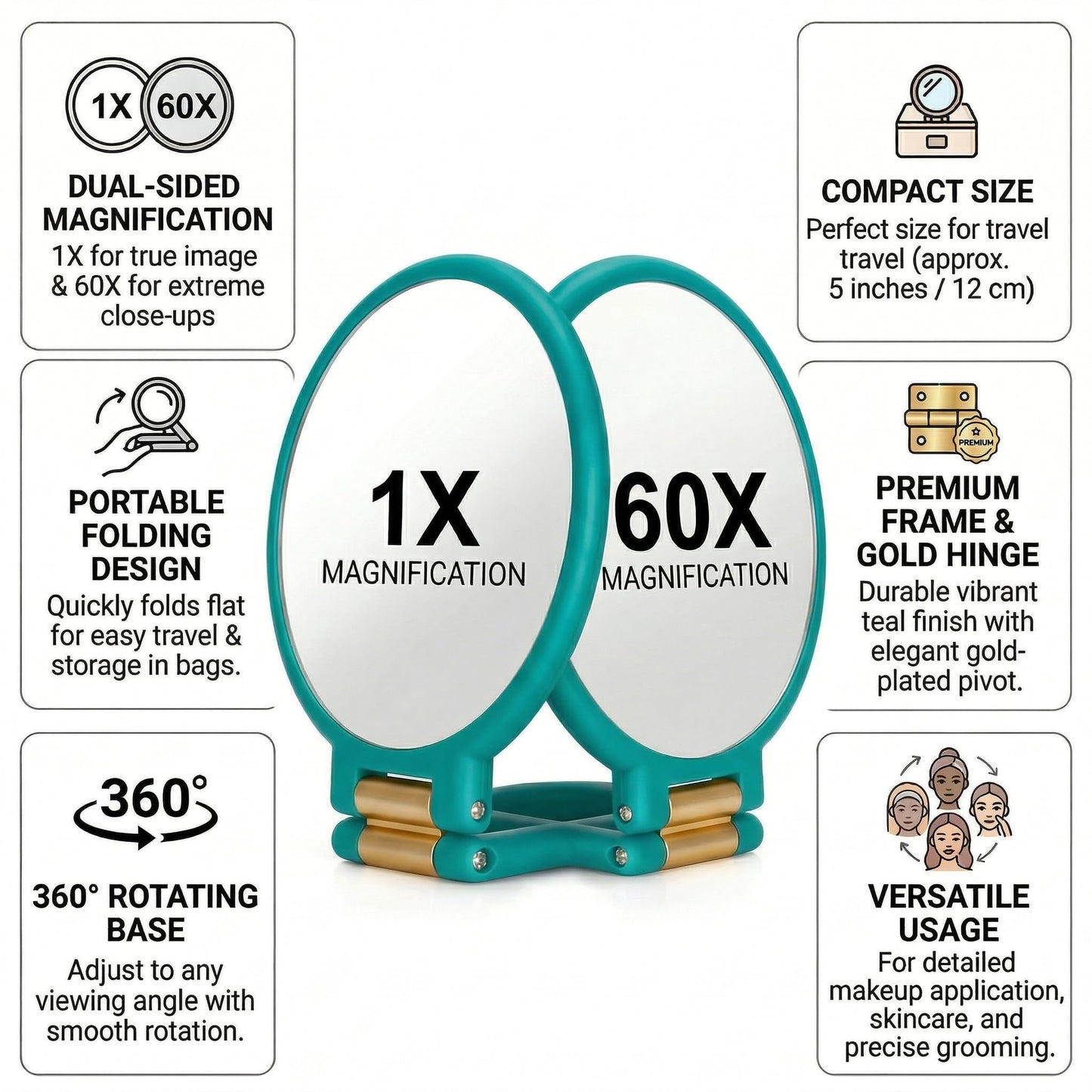Magnifying Handheld Mirror Double Sided, 1X and 60X Magnification Hand Mirror, Travel Folding Hand Held Makeup Mirror with 360° Rotation Pedestal for Vanity, Dressing Table and Daily Use Green