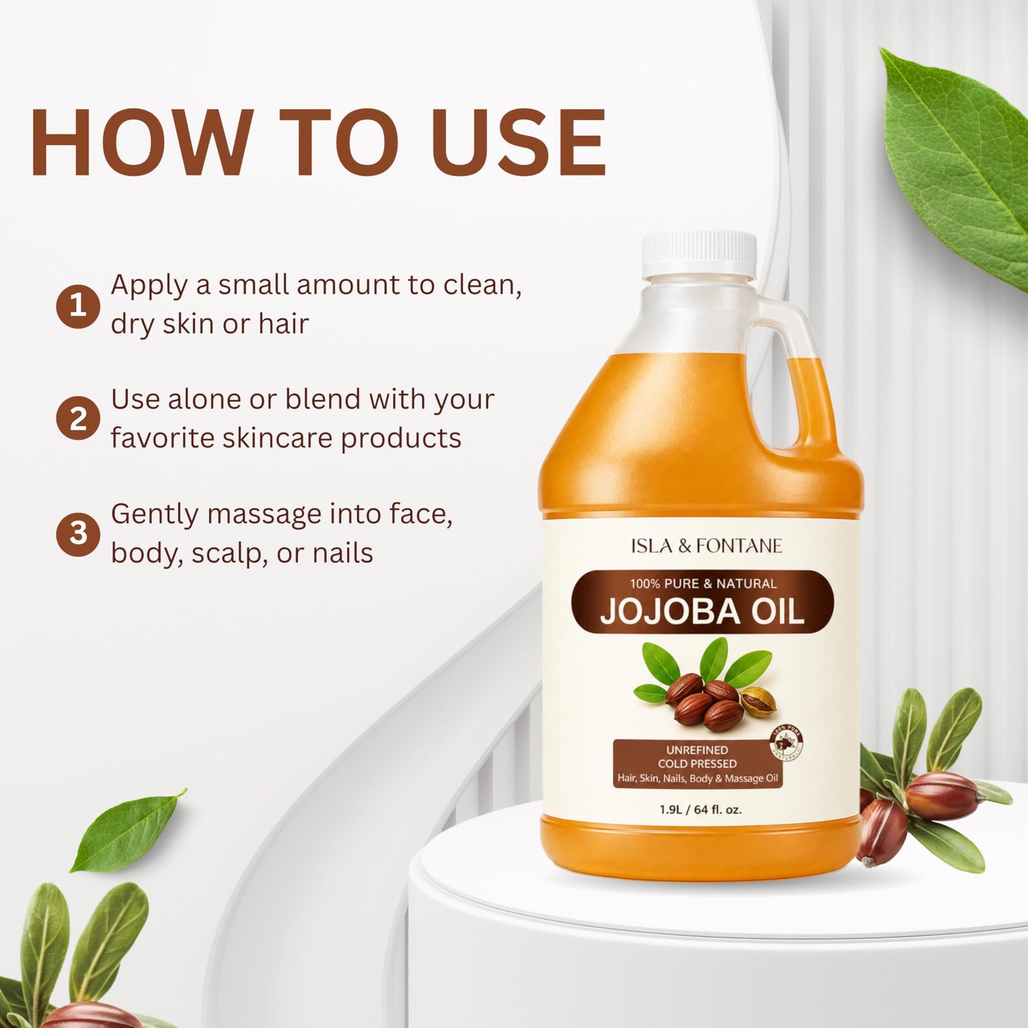 ISLA & FONTANE 100% Pure & Natural Jojoba Oil 1.9L - Cold Pressed, Unrefined, Hexane Free Carrier Oil for Hair, Face, Body & Nails - Vegan, Non-GMO Moisturizer & Massage Oil