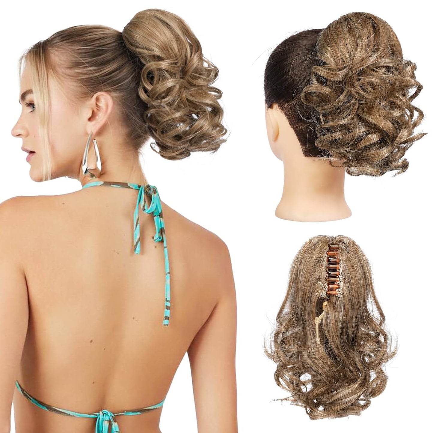 Ponytail Extension - 9" Claw Clip Short Curly Wavy Hairpiece | Dark Ash Blonde with Golden Ends