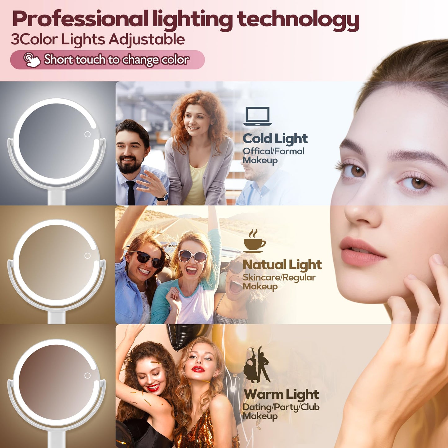 MOMOKUBA Makeup Mirror with Lights, 30X Magnifying & Height Adjustable, Lighted Magnifying Mirror with 3 Light Modes and Stepless Dimming, Vanity Mirrors for Bathroom, Birthday Gift for Women, White