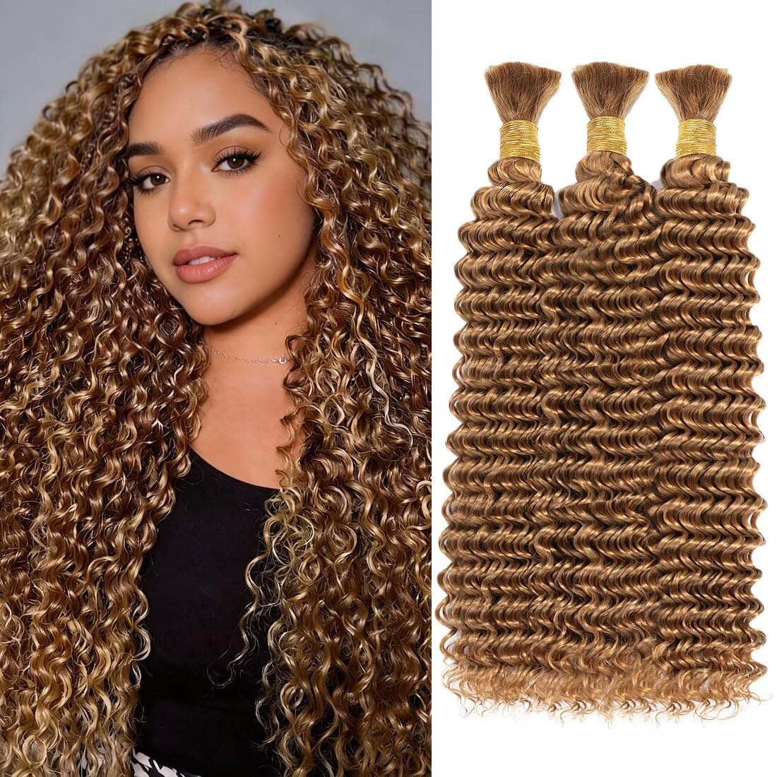 Boho Hair for Braiding, Curly Virgin Human Braiding Hair for Women, 12A Knotless Deep Wave Bulk Bohemian Styles, 150g 16 Inch 3 Bundles/Pack Caramel Honey Blonde Color 27