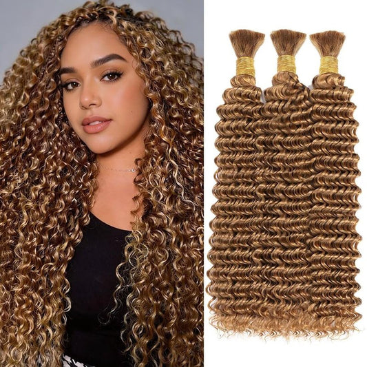 Boho Hair for Braiding, Curly Virgin Human Braiding Hair for Women, 12A Knotless Deep Wave Bulk Bohemian Styles, 150g 16 Inch 3 Bundles/Pack Caramel Honey Blonde Color 27