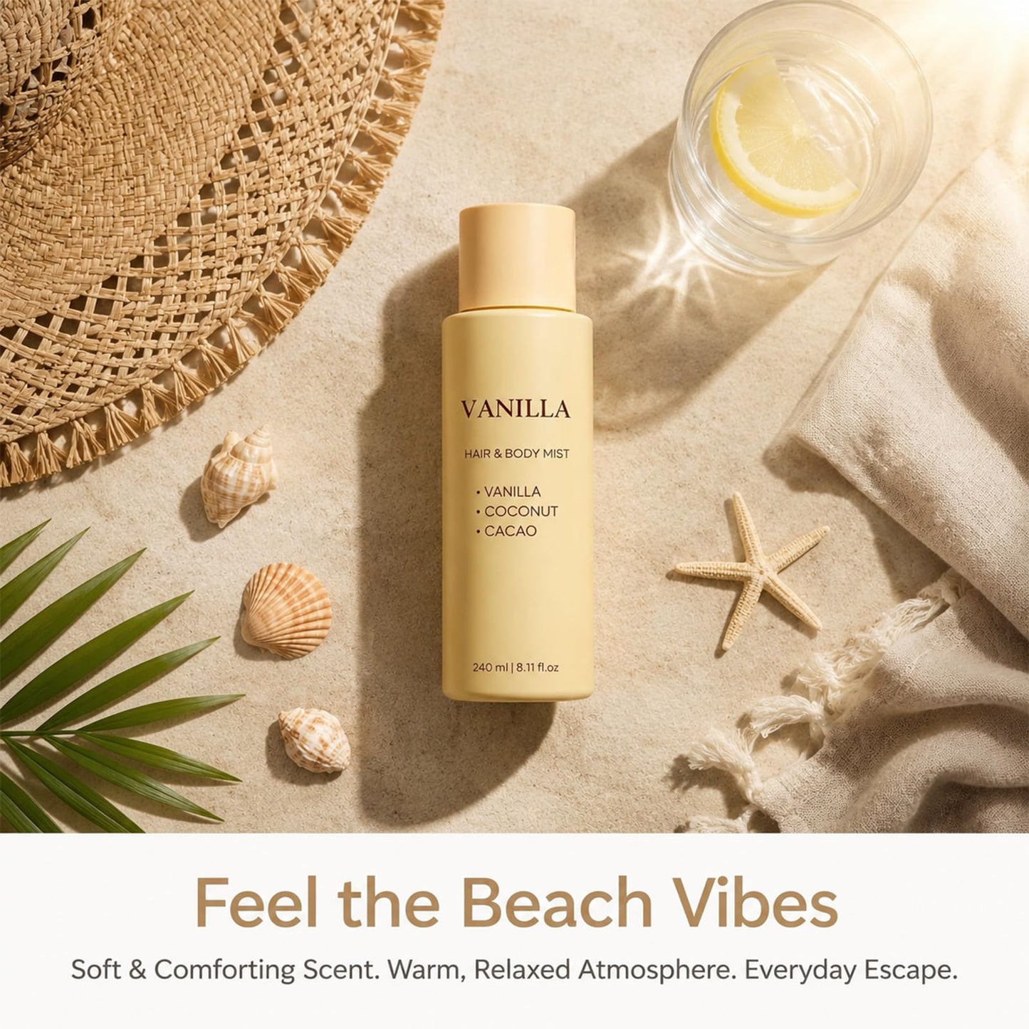 launary Vanilla on the Beach Hair and Body Mist, Warm Vanilla Coconut Fragrance Spray, Long-Lasting Tropical Hair Perfume Spray for Hair & Skin, Natural Vanillas & Beach Scent