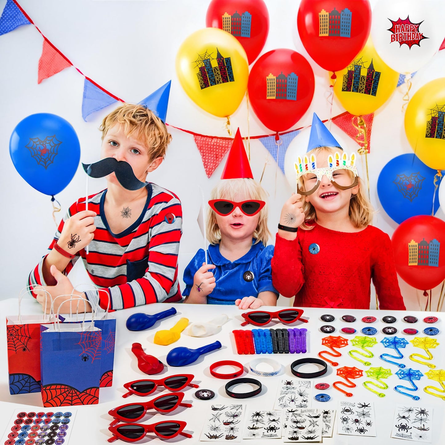 HandTool 100pcs Spider Party Favors, Hero Theme Birthday Party Supplies Including Silicone Bracelets Sticky Spider Webs Bubble Wands Temporary Tattoos, Birthday Decorations Classroom Rewards for Kids