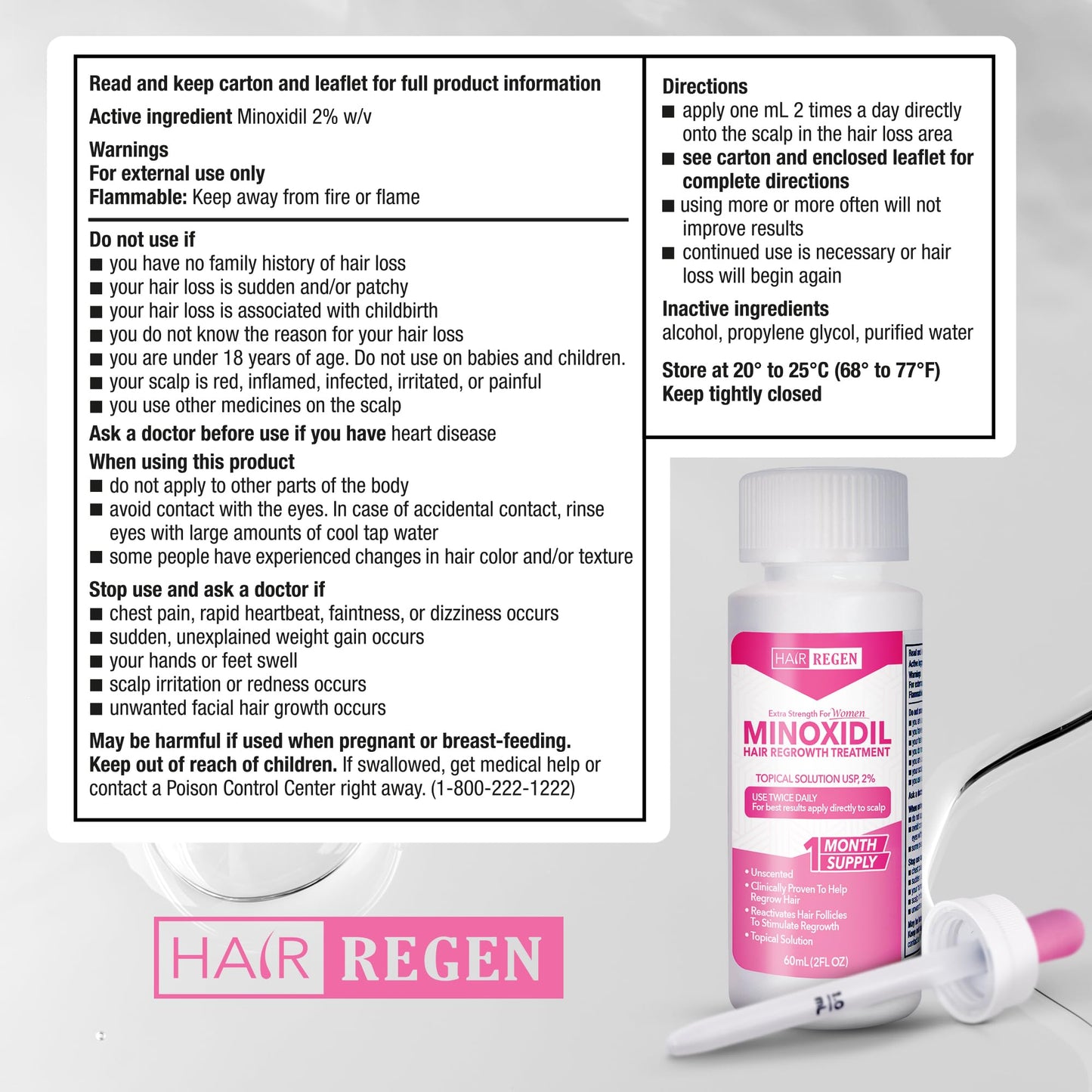 Hair Regen Liquid Minoxidil Women 2% Percent - Extra Strength Advanced Topical Solution for Regrowth Serum Drops - Clinically Proven Growth Treatment for Hers Hair Loss 6 Pack as 6 Months Supply Kit