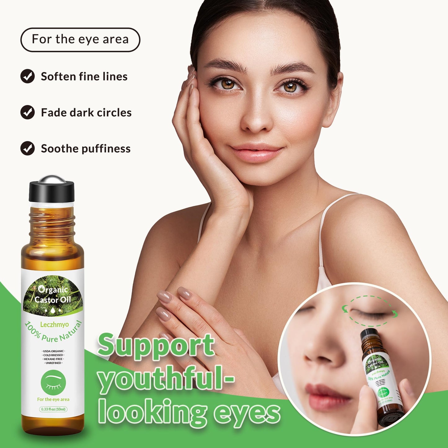 Leczhmyo Organic Castor Oil Roll on for Belly, Face, Body, Under Eyes– Certified Organic, Cold Pressed, Hexane Free, Unrefined – 3 Glass Bottle Pure Roller Ball Castor Oil to Moisturize Skin, Lips