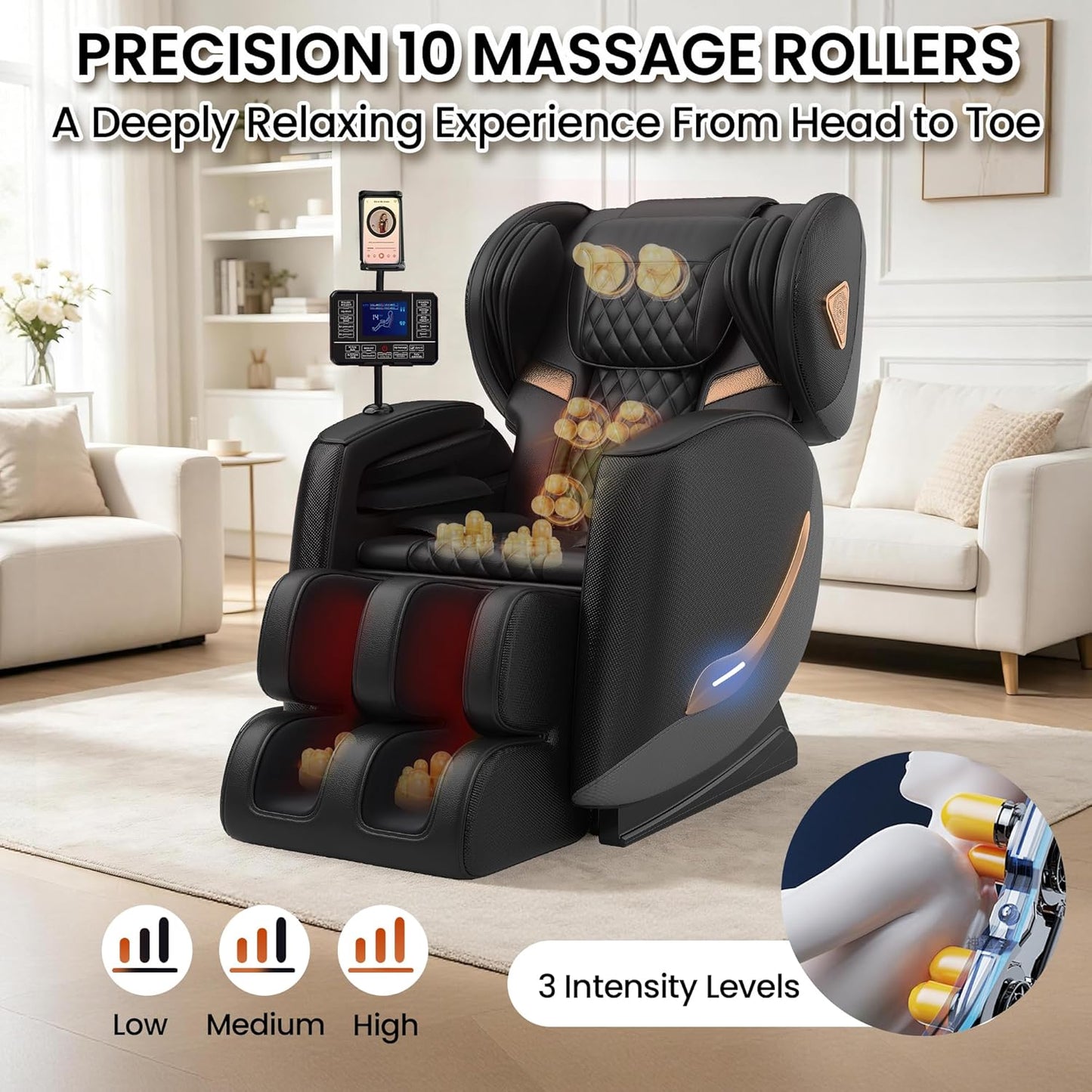 Full Body Massage Chair - Zero Gravity Recliner with 10 Rollers, Airbags, Heating & Bluetooth | Black