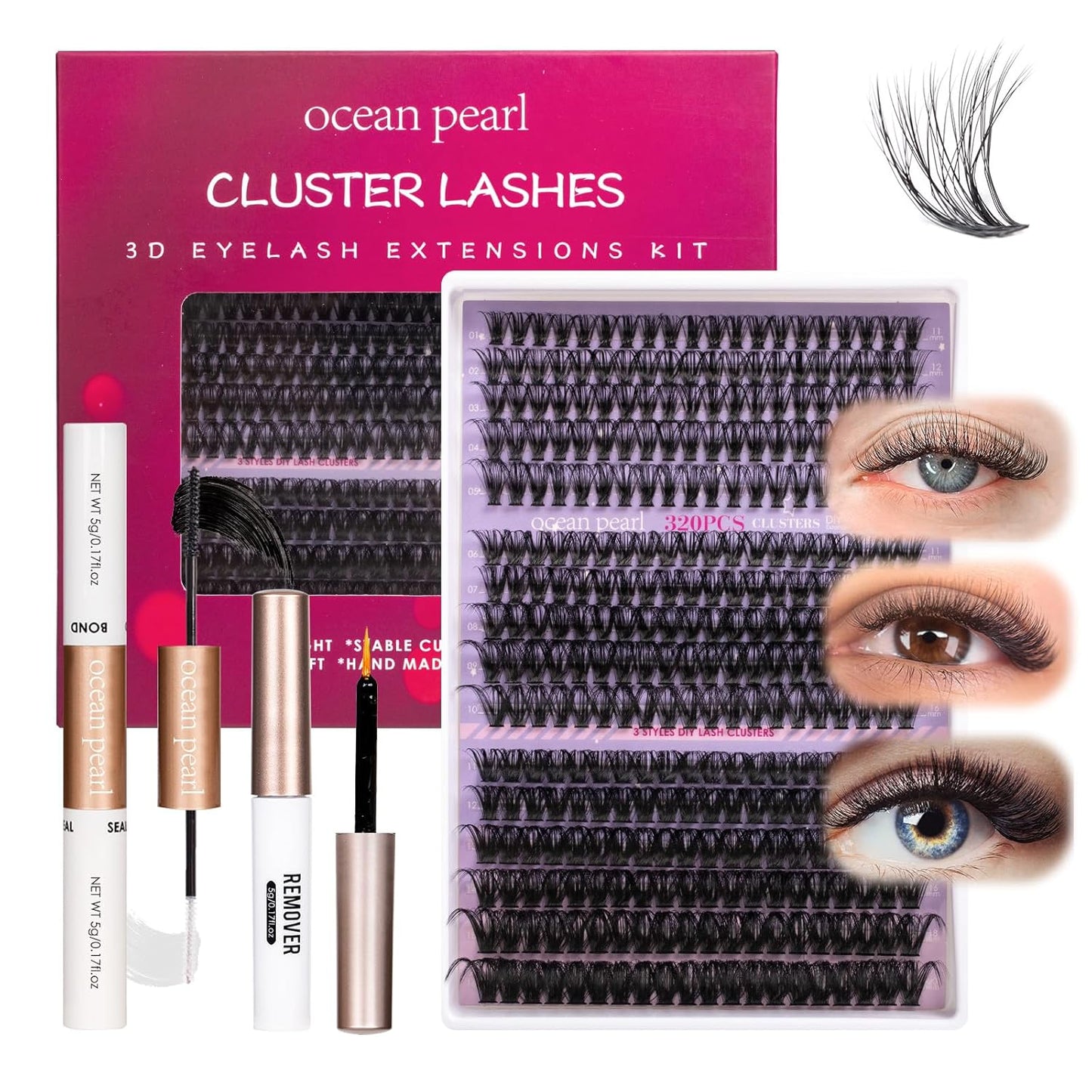 Ocean Pearl Lash Clusters - 320 Pcs 11-20mm Eyelash Extension Kit | 40D, 50D, 100D with Adhesive & Tweezers