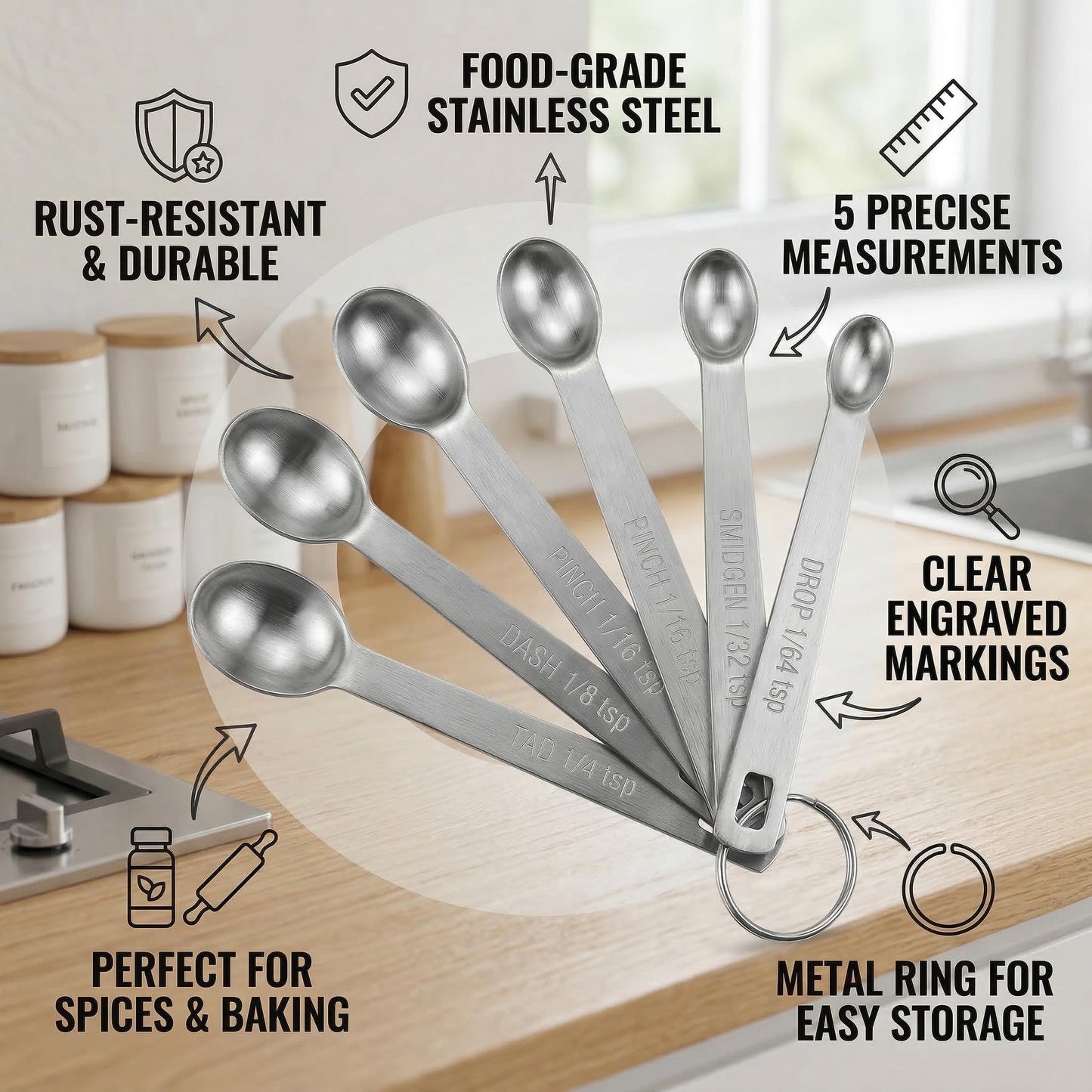 1/8 Teaspoon Measuring Spoons, Mini Stainless Steel Measuring Spoon Set for Spices Oil and Cooking Wine, Small Dessert Scooping Spoons for Kitchen and Cafe Use, Silver 5 Pack