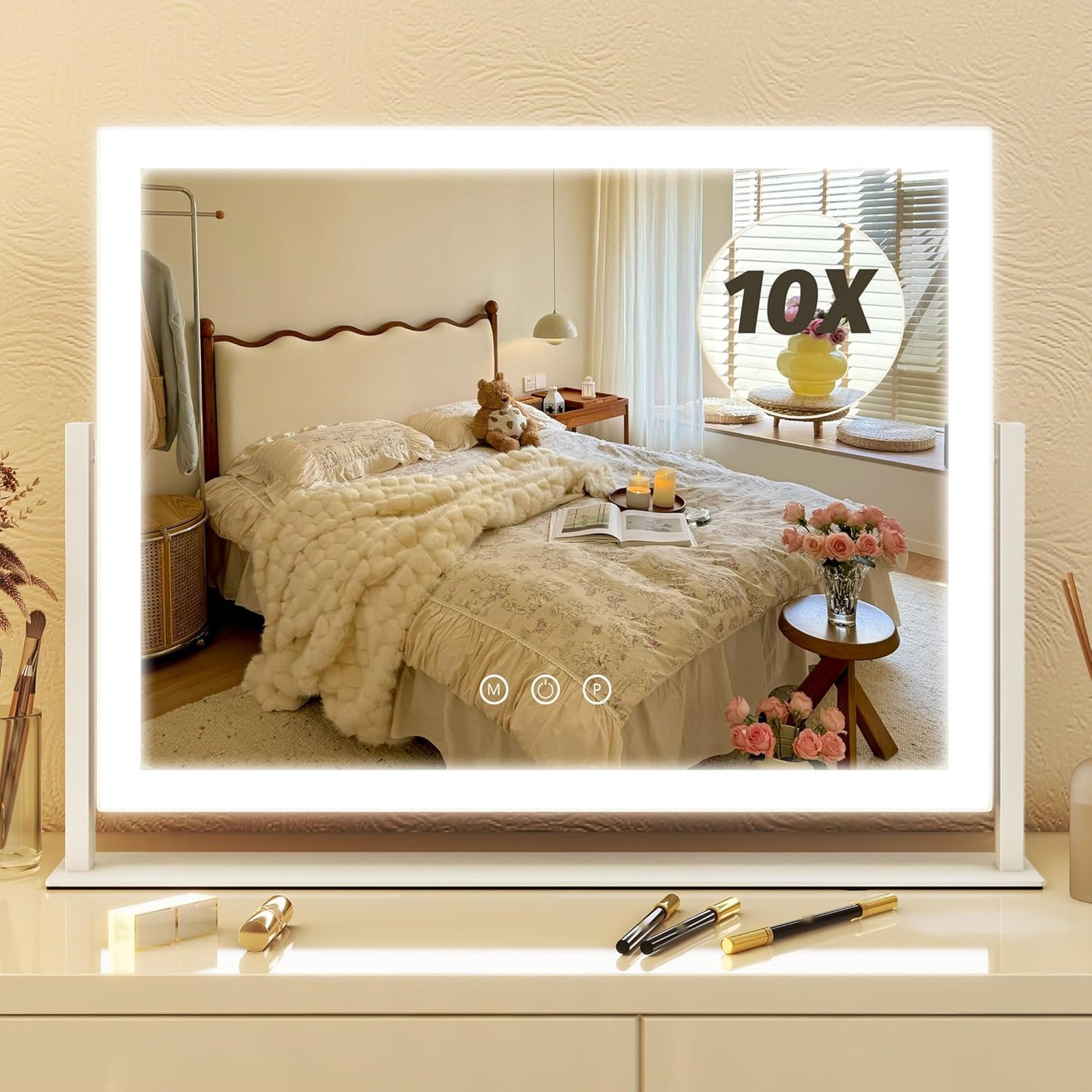 Lighted Makeup Mirror with Smart Touch Control - 12" x 16" LED Vanity Mirror, 3 Color Modes, 10X Magnification, 360° Rotation