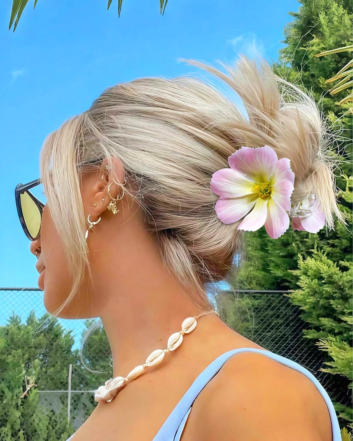 Hawaiian Flower Hair Claw Clips - 4 Pack Tropical Orchid Clips for Weddings & Beach Parties | Red, Orange, Pink, White