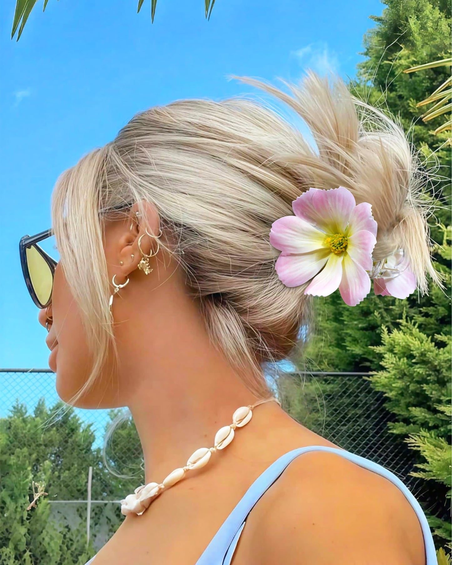 Mesovor 4 Pack Hawaiian Flower Hair Claw Clips, Artificial Tropical Orchid Hair Clip | Flower Clips for Hair Wedding Bridal Beach Party (Red+Orange+Pink+White)