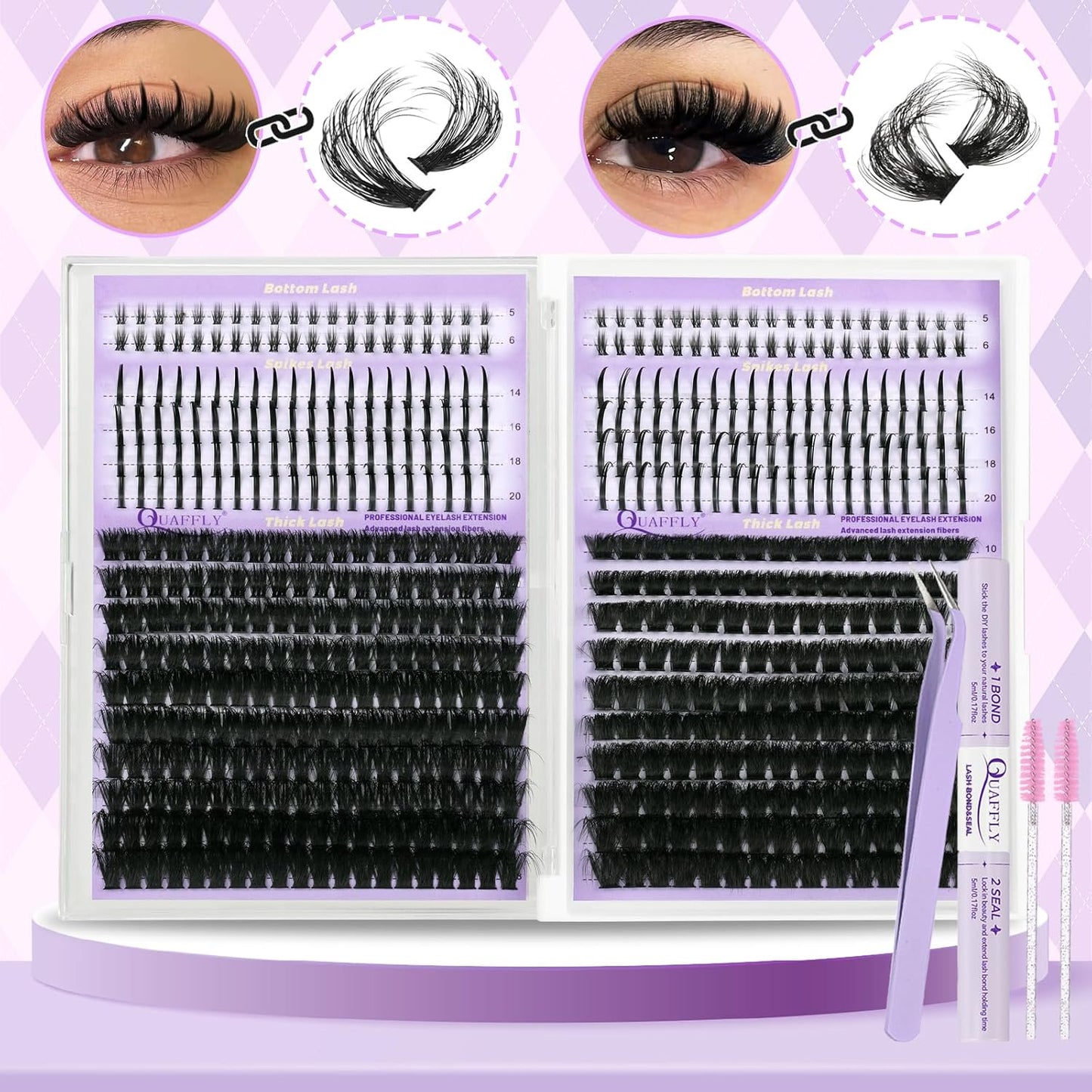 DIY Lash Extension Kit - 100D & 150D Volume Lash Clusters with Spikes | Wispy Bottom Lashes, Bond & Seal, Easy Application