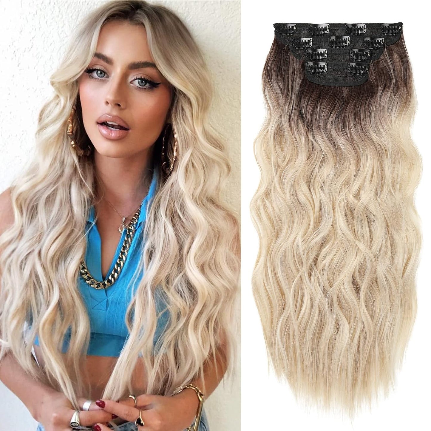 Clip-In Hair Extensions - 4PCS Natural Soft Synthetic Hairpieces for Women | Chocolate Brown