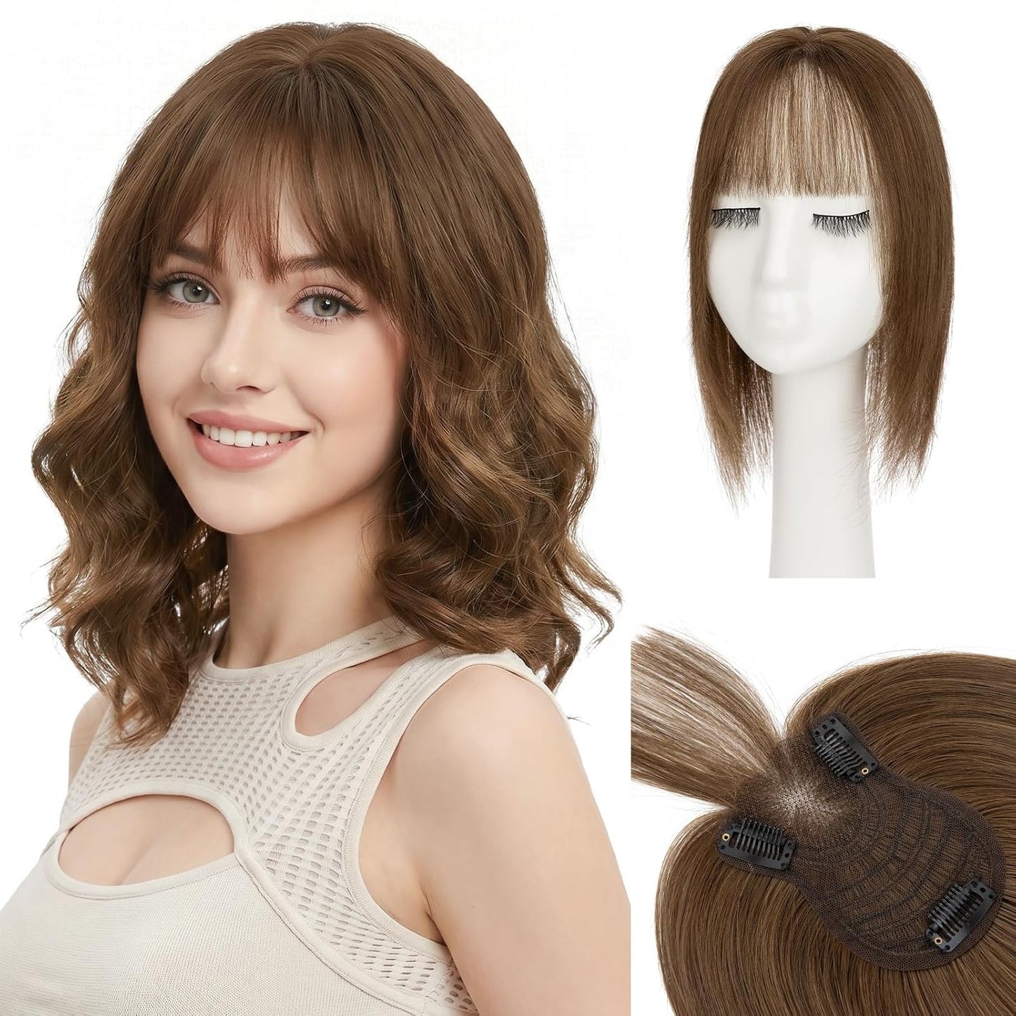 **Hair Toppers for Women - Real Human Hair with Curtain Bangs | 10-Inch Lace Base Clip-In Piece - #02 Dark Brown**