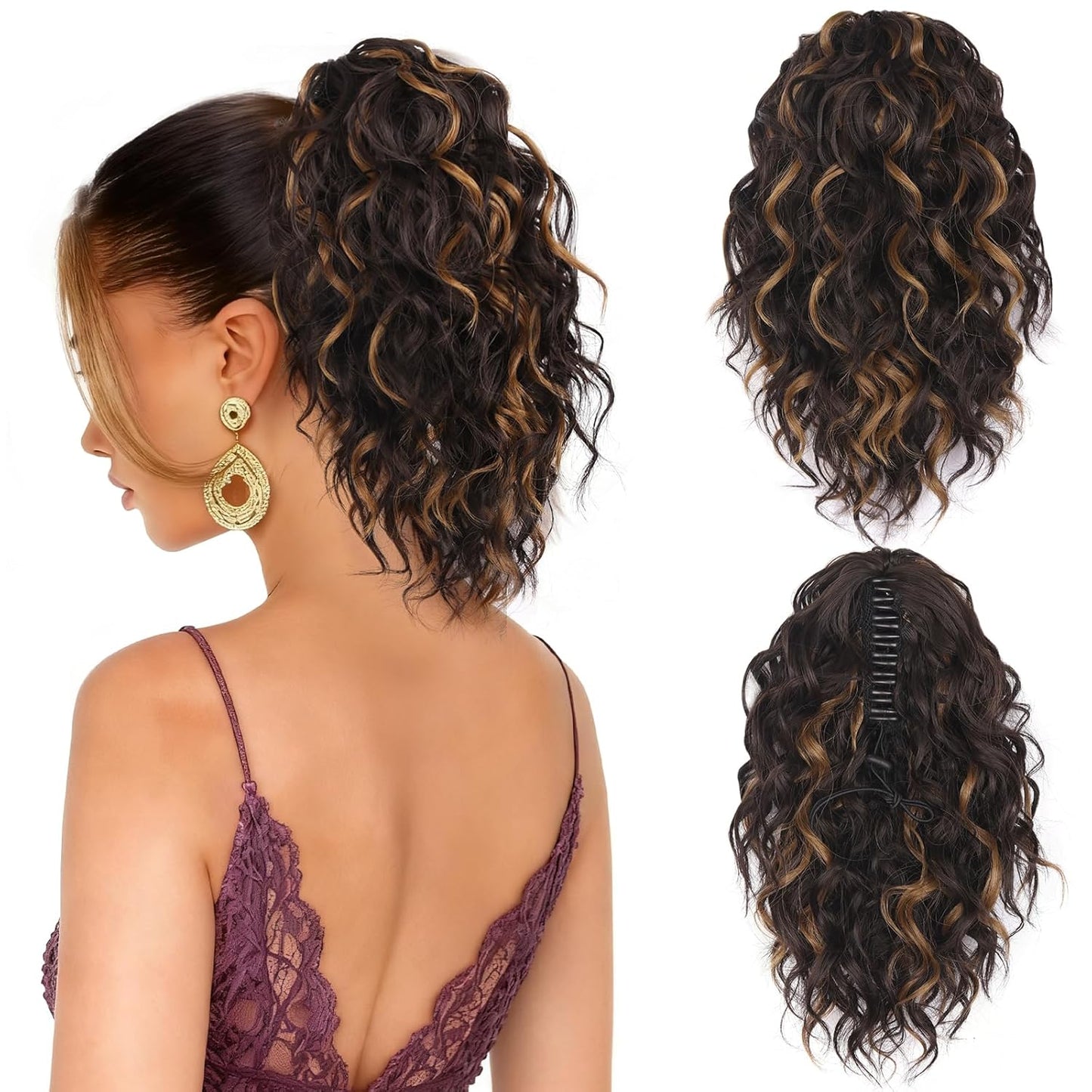 Claw Clip Ponytail Extension - 12 Inch Curly Synthetic Hair Extension | Chocolate Brown